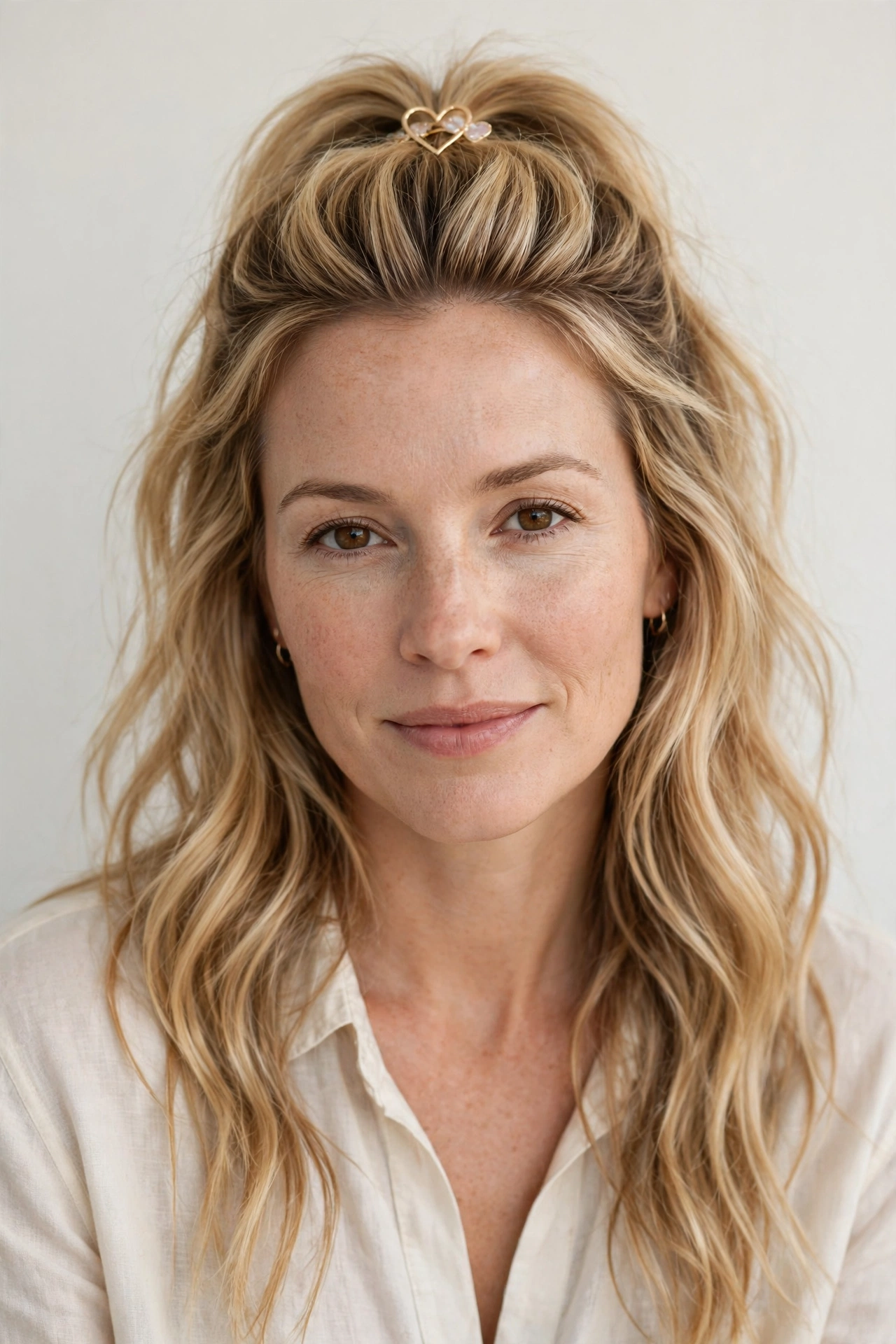 Honey Blonde Half Up Valentine Hairstyles with Volume at The Crown with A Dainty Hair Clip
