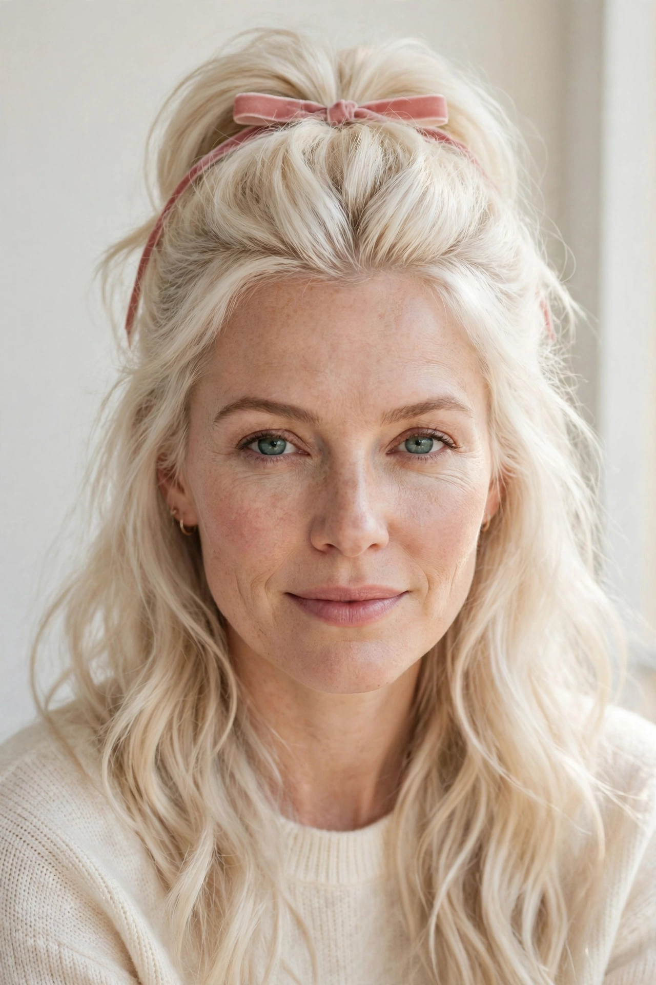 Platinum Blonde Half Up Valentine Hairstyles with Volume at The Crown with A Slim Velvet Ribbon