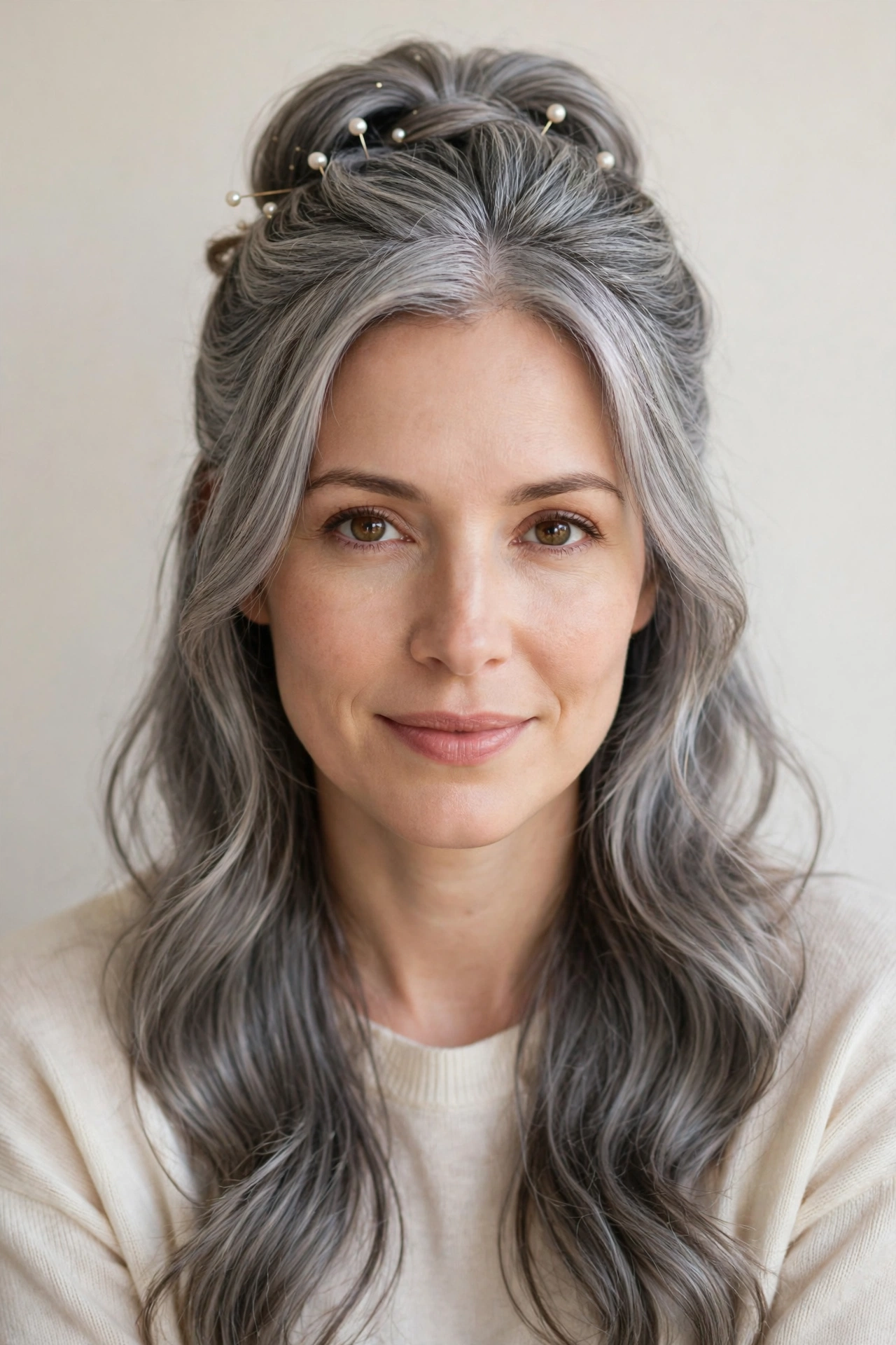 Half Up Valentine Hairstyles with Volume at The Crown in soft grey-blended with a smooth and polished finish