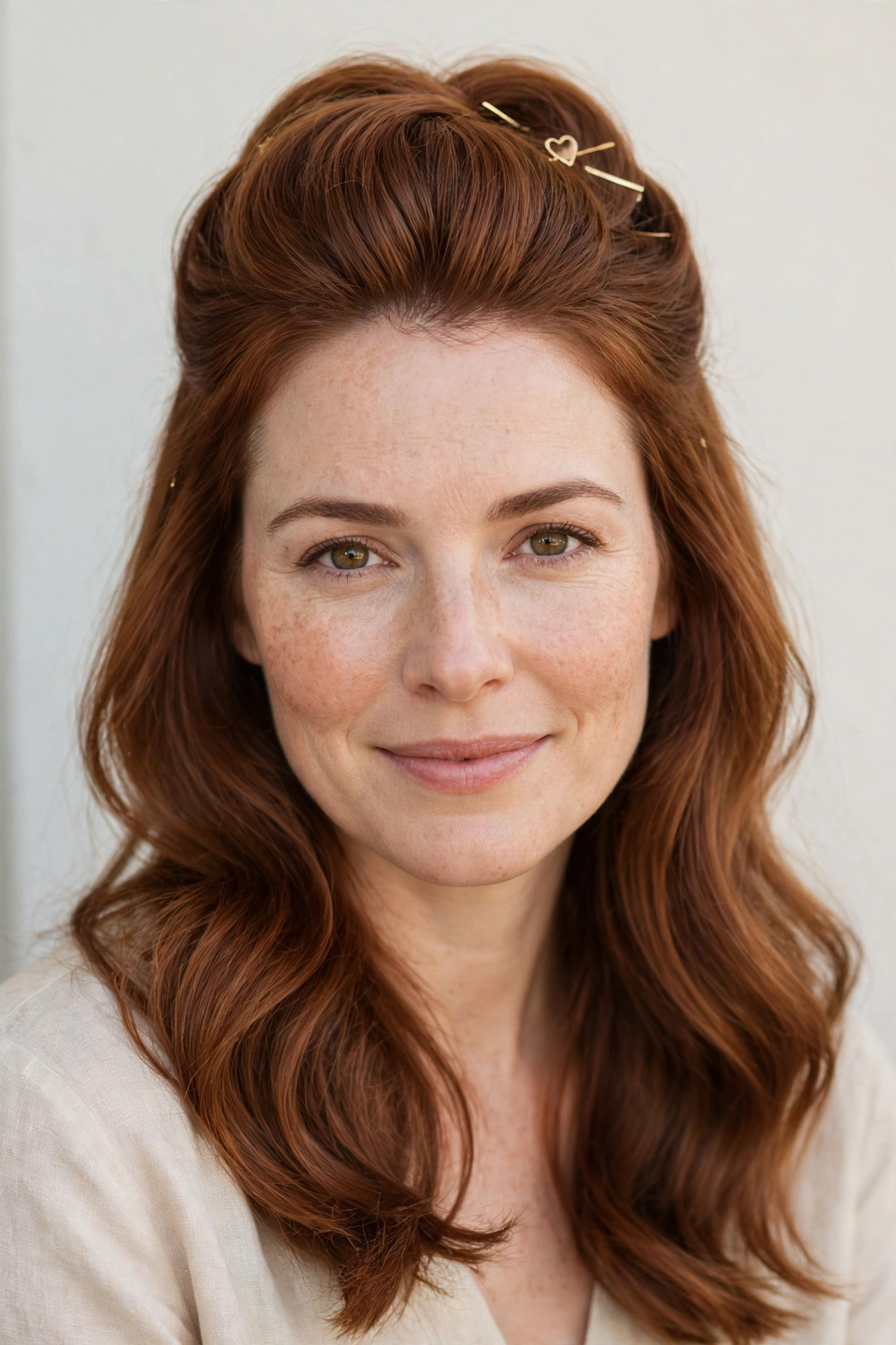 Half Up Valentine Hairstyles with Volume at The Crown in soft auburn with a glossy and neat finish
