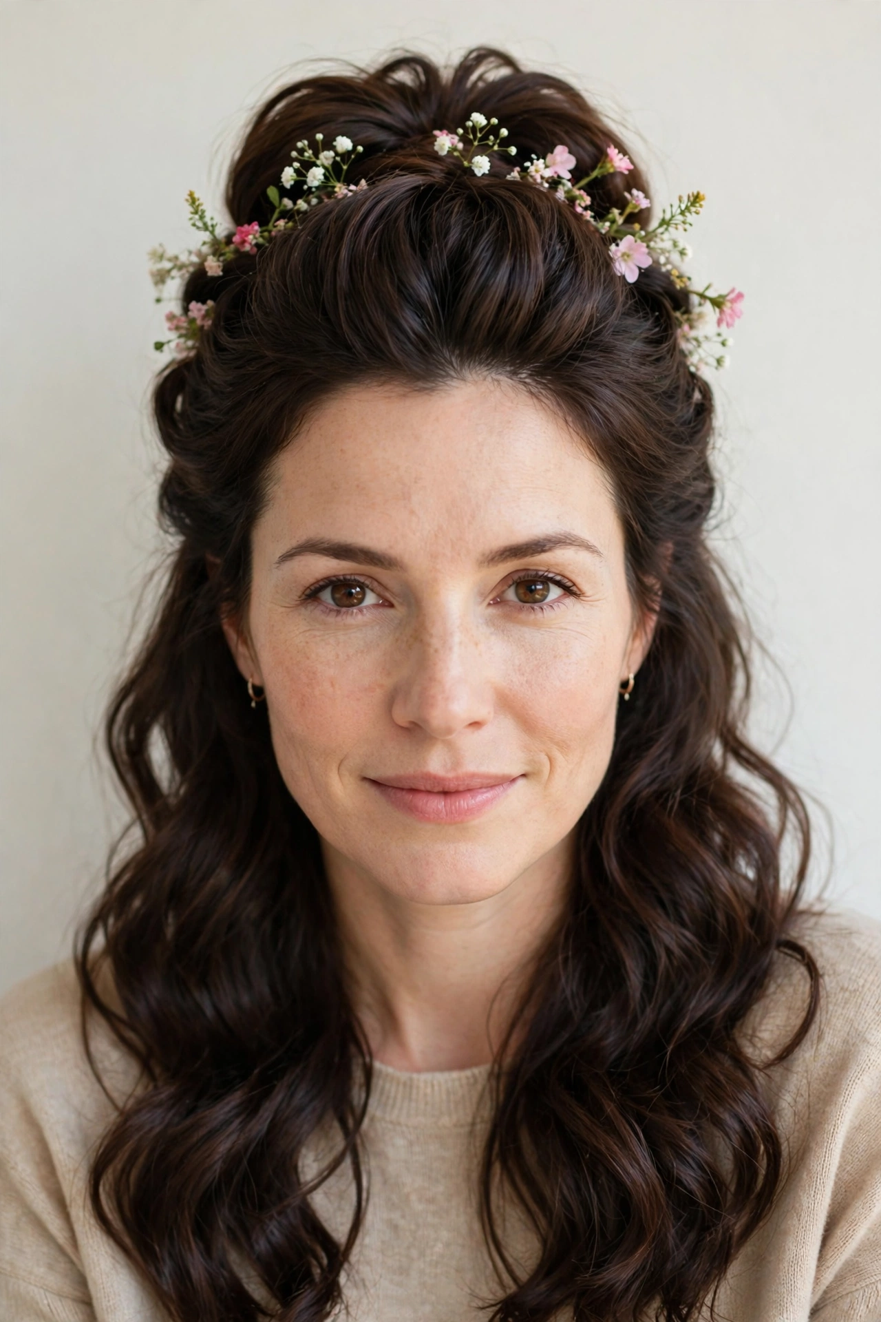 Half Up Valentine Hairstyles with Volume at The Crown in dark chocolate with a voluminous at the roots finish