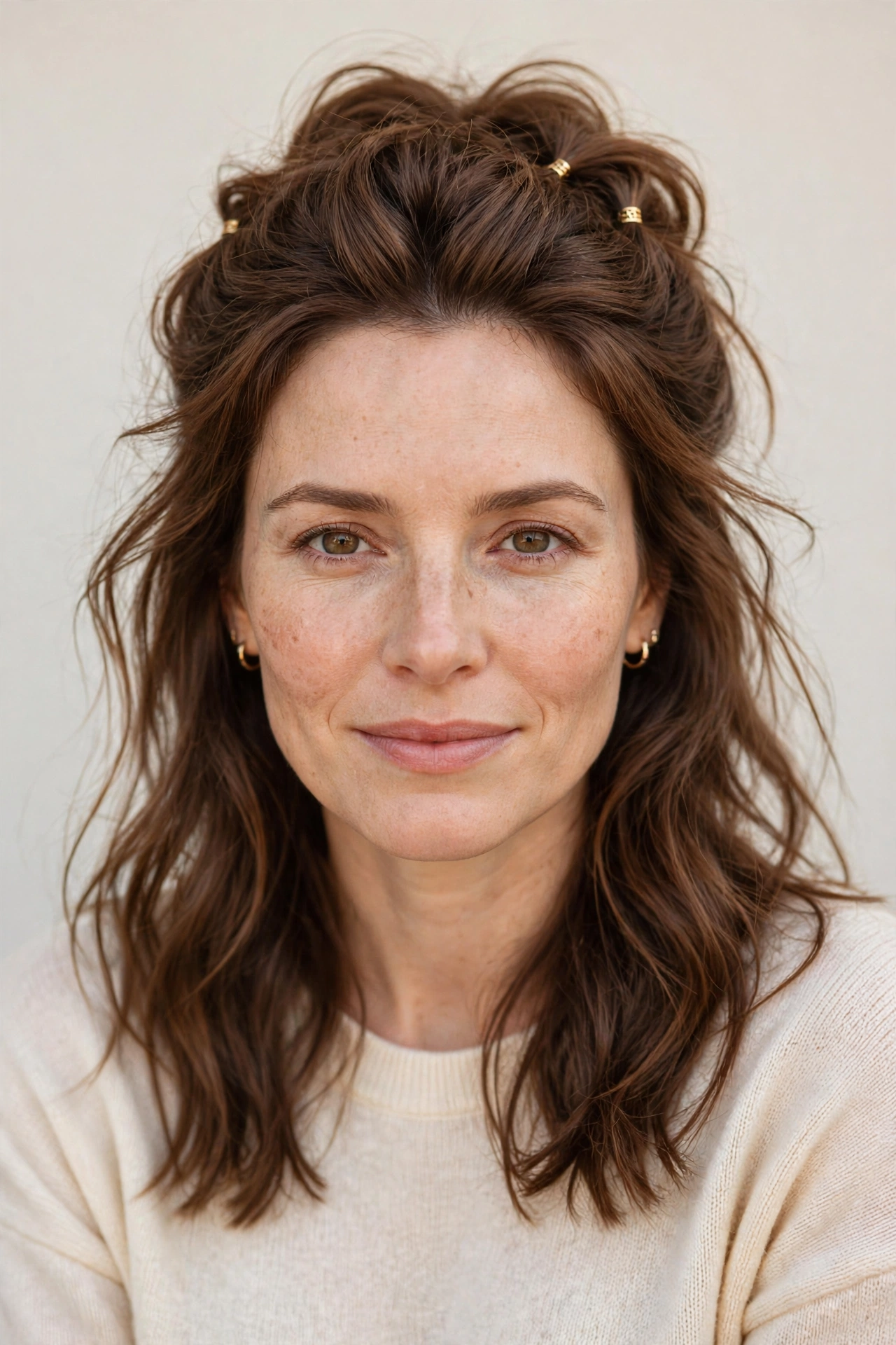 Half Up Valentine Hairstyles with Volume at The Crown in chestnut with a gently tousled finish