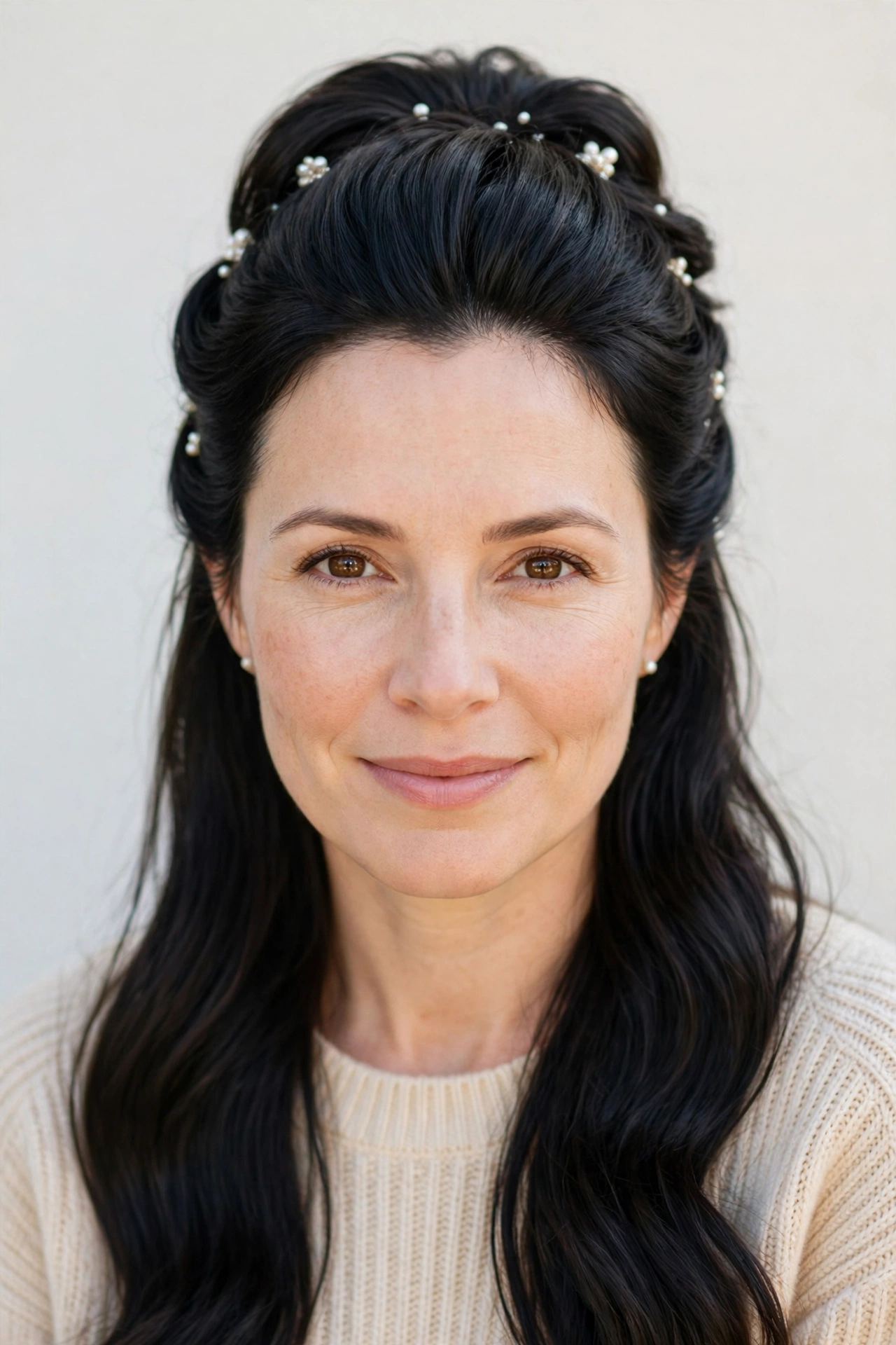 Half Up Valentine Hairstyles with Volume at The Crown in soft black with a smooth and polished finish