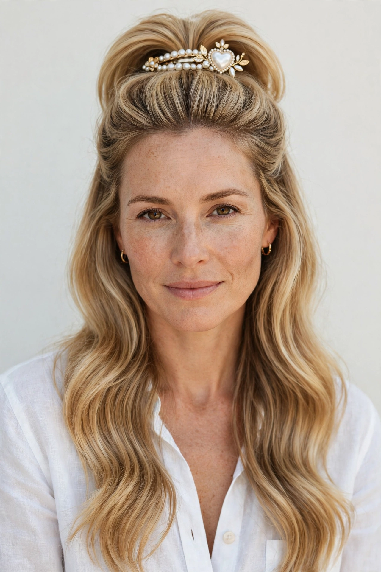 Honey Blonde Half Up Valentine Hairstyles with Volume at The Crown with A Pretty Barrette
