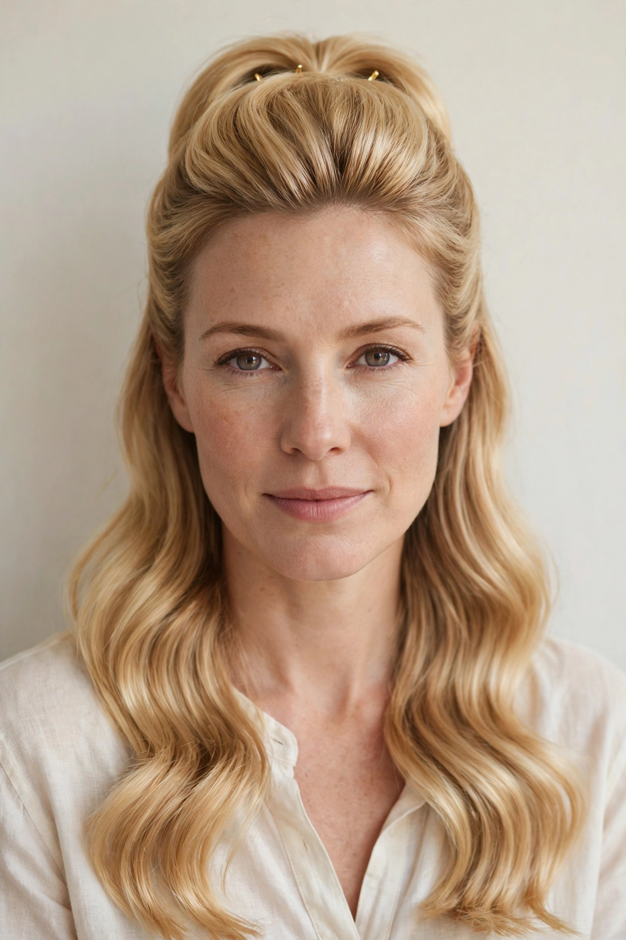 Half Up Valentine Hairstyles with Volume at The Crown in golden blonde with a glossy and neat finish