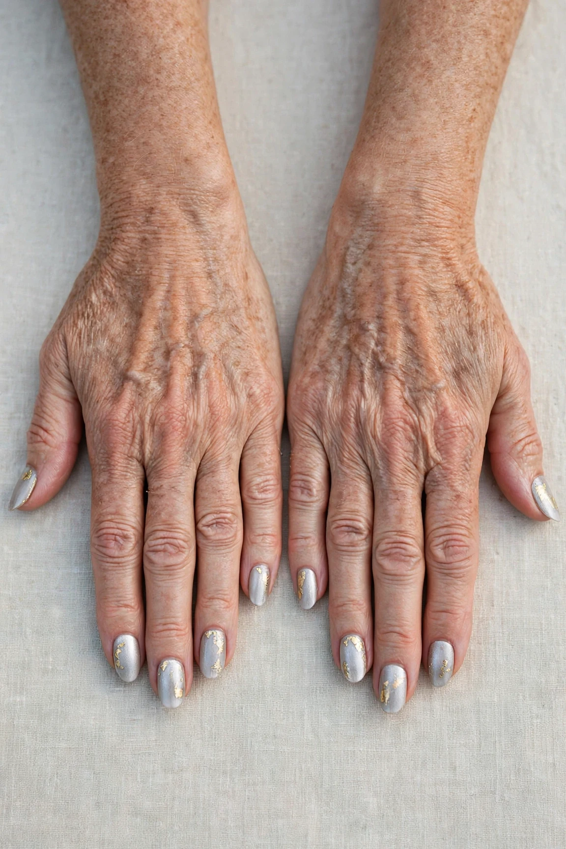 Icy Silver Frosted Almond Nails with a satin finish and gold foil accents