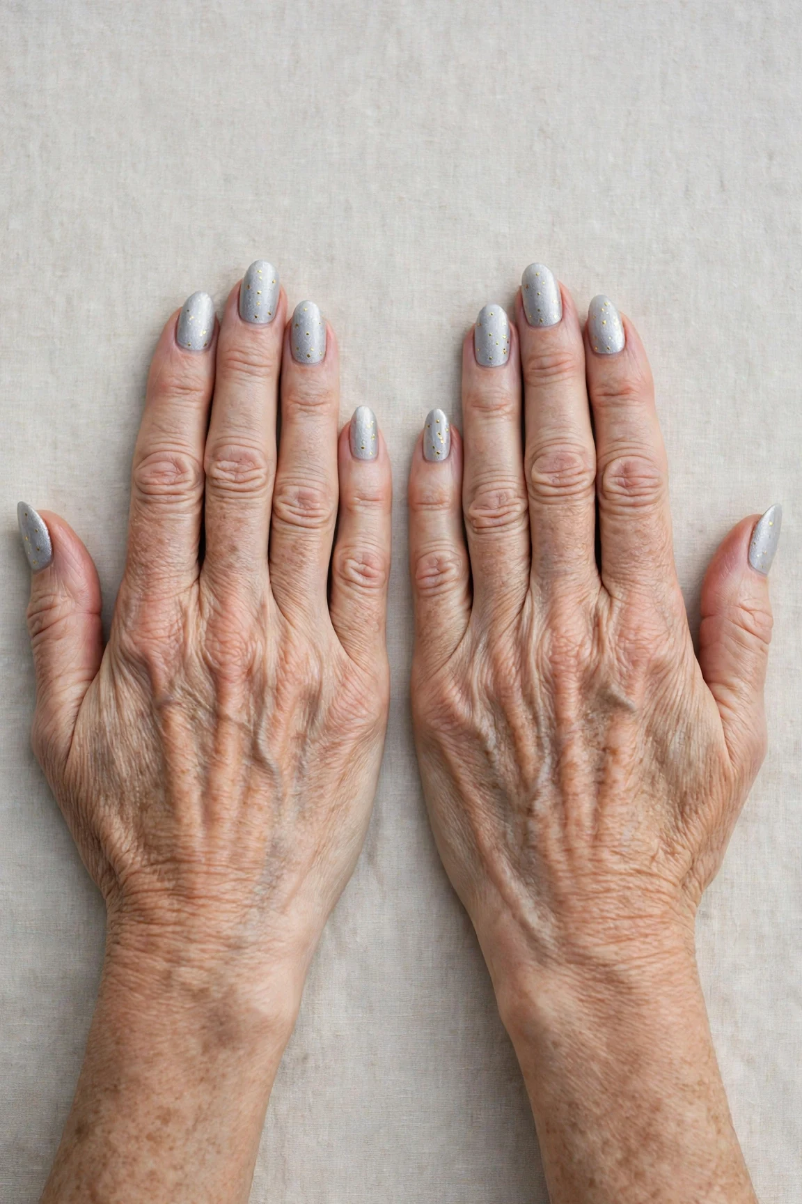 Icy Silver Frosted Almond Nails with a velvet matte finish and tiny gold dots