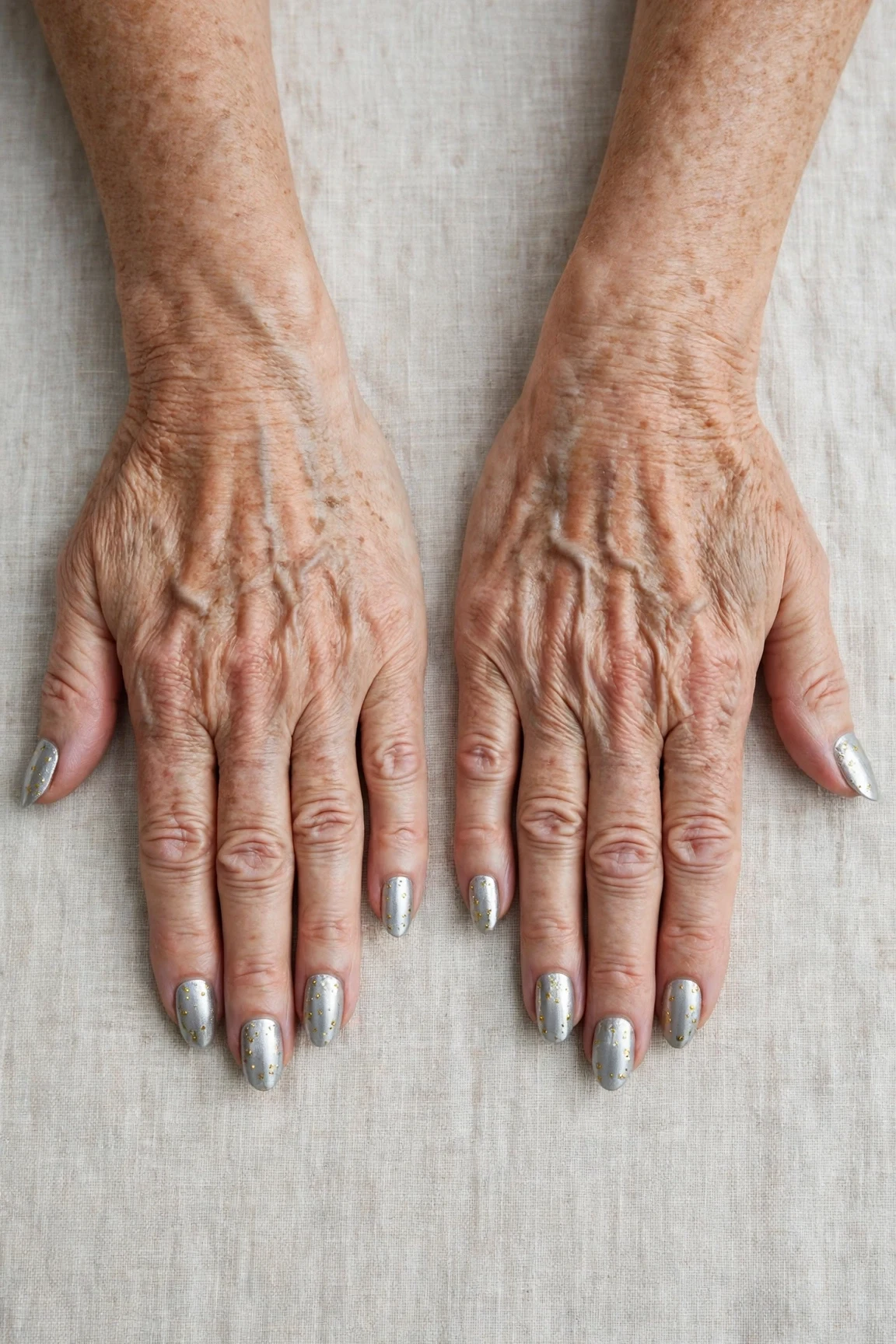 Icy Silver Frosted Almond Nails with a chrome shine and tiny gold dots