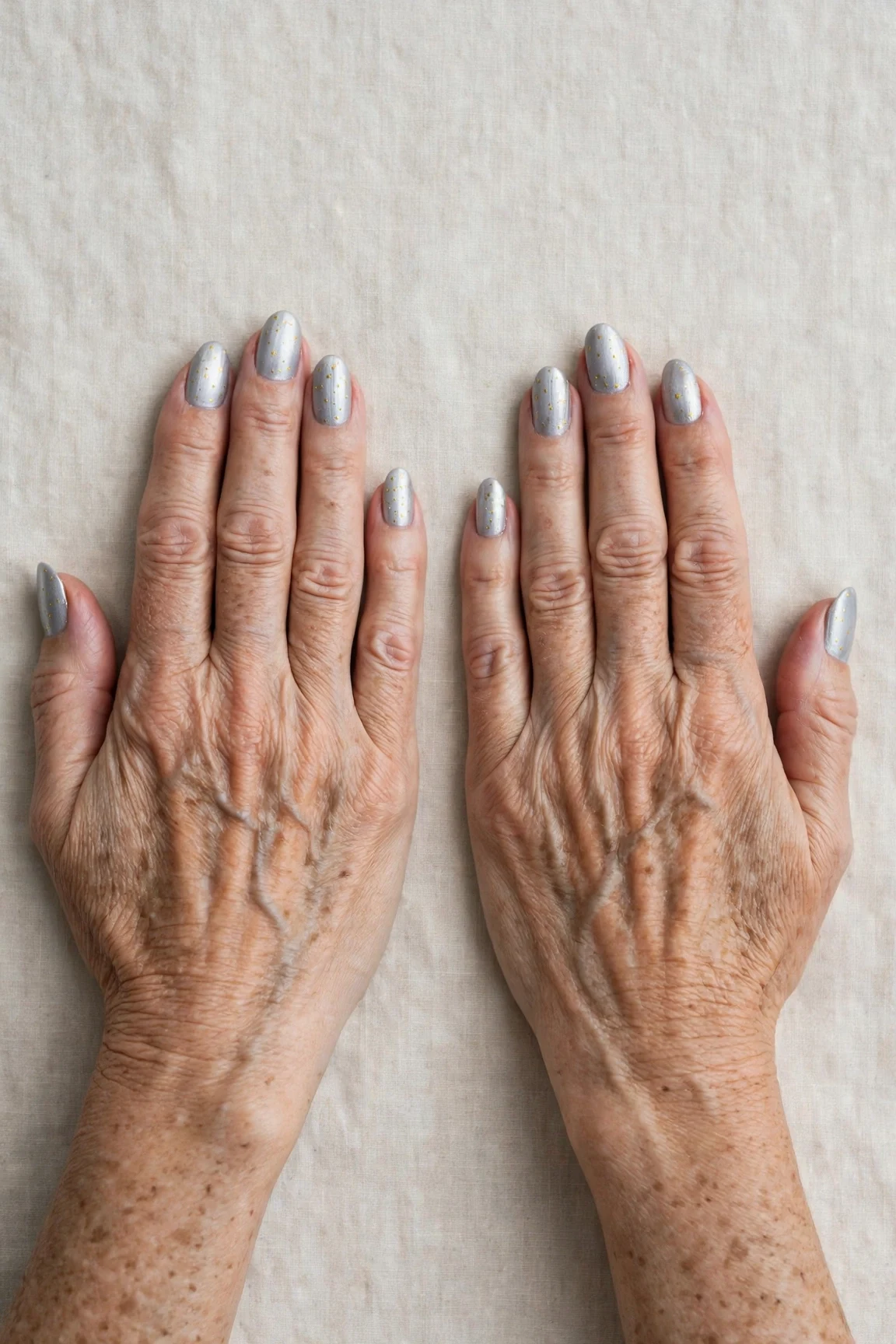 Icy Silver Frosted Almond Nails with a satin finish and tiny gold dots