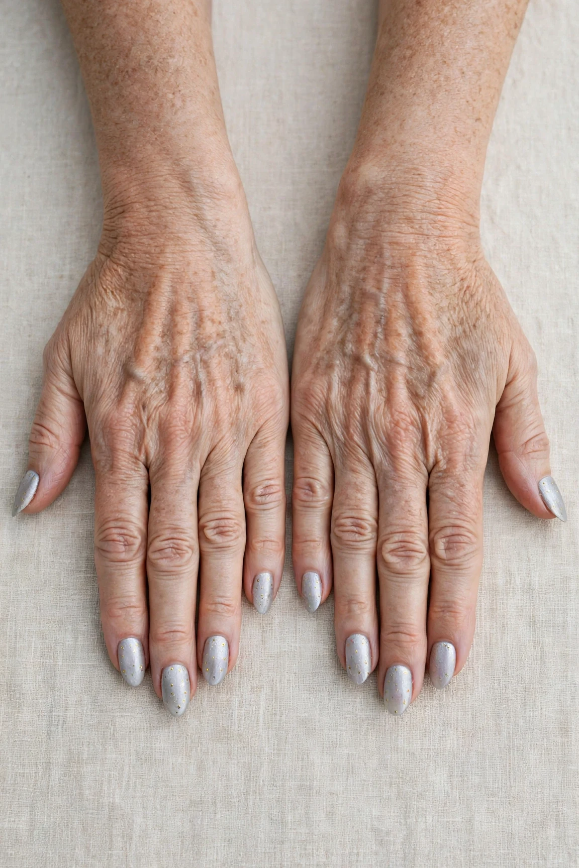 Icy Silver Frosted Almond Nails with a creamy opaque finish and tiny gold dots