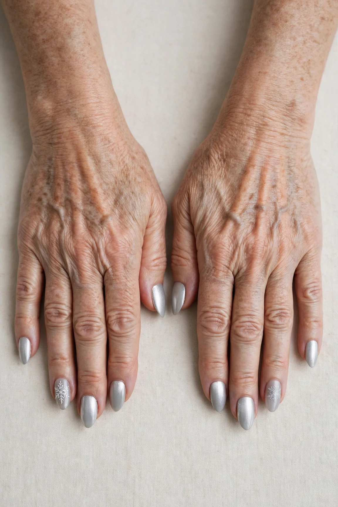 Icy Silver Frosted Almond Nails with a high-gloss finish and a delicate snowflake on the ring finger