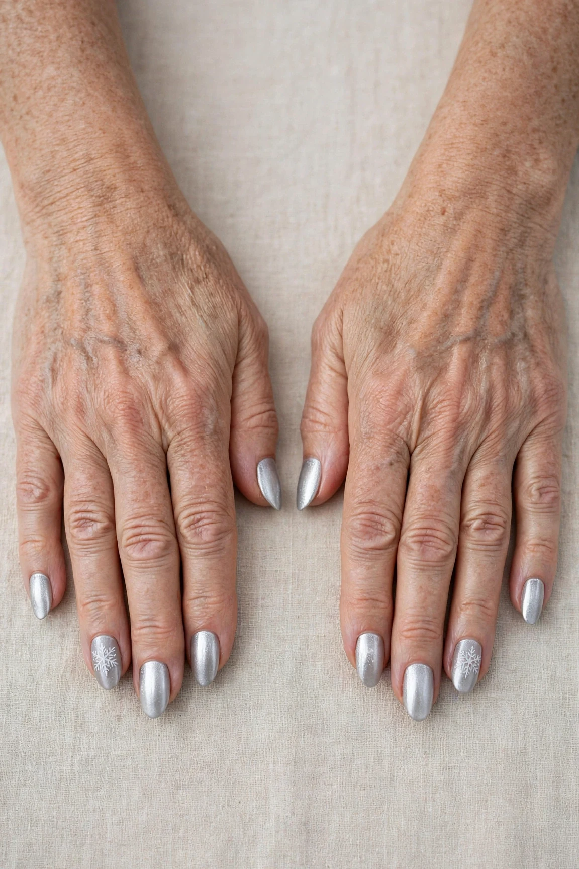 Icy Silver Frosted Almond Nails with a chrome shine and a delicate snowflake on the ring finger
