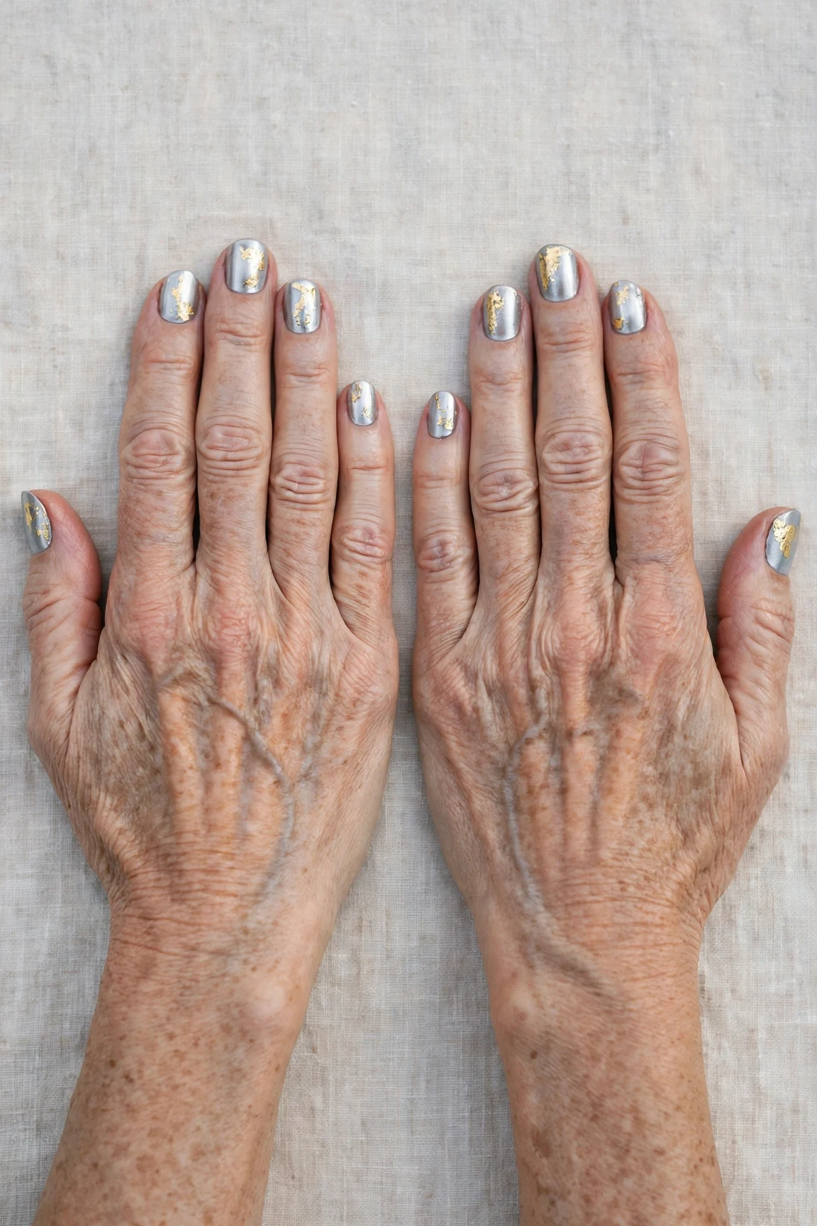 Short Oval Icy Silver Frosted Chrome Nails with a high-gloss finish and gold foil accents