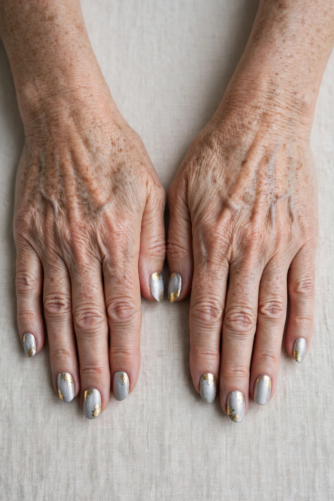 Oval Icy Silver Frosted Chrome Nails with a velvet matte finish and gold foil accents