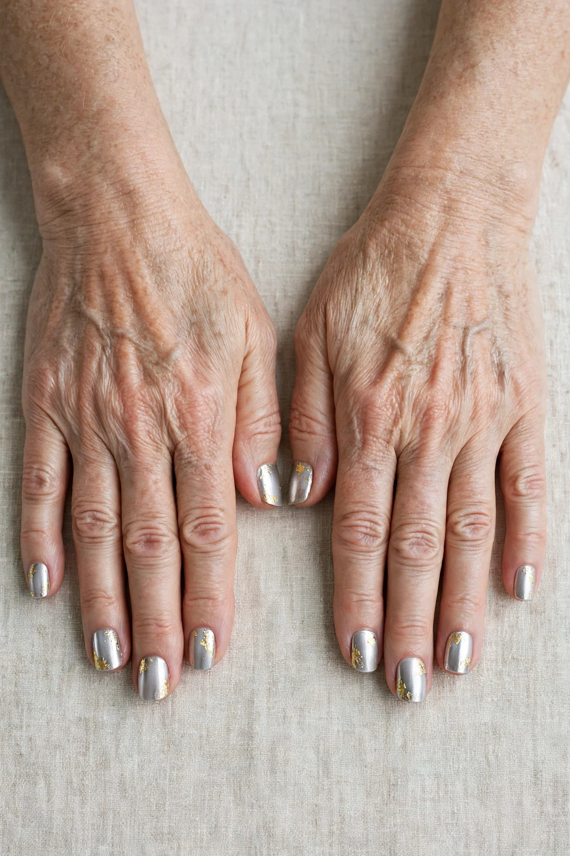 Short Square Icy Silver Frosted Chrome Nails with a chrome shine and gold foil accents