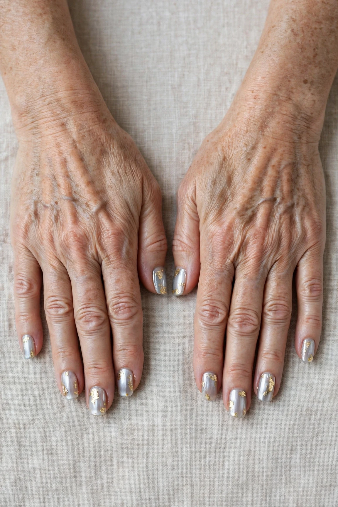 Squoval Icy Silver Frosted Chrome Nails with a sheer jelly finish and gold foil accents
