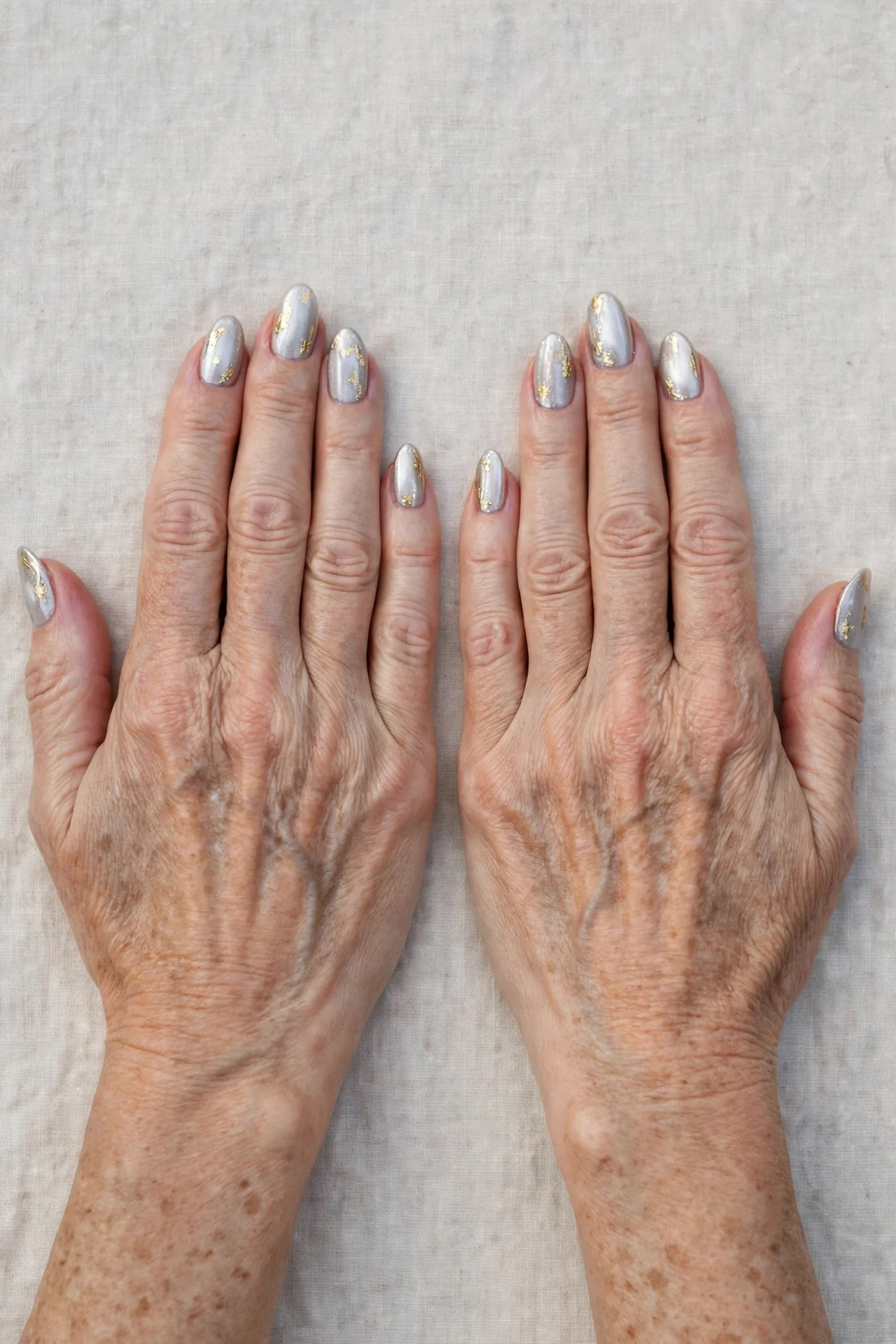 Almond Icy Silver Frosted Chrome Nails with a pearl shimmer finish and gold foil accents