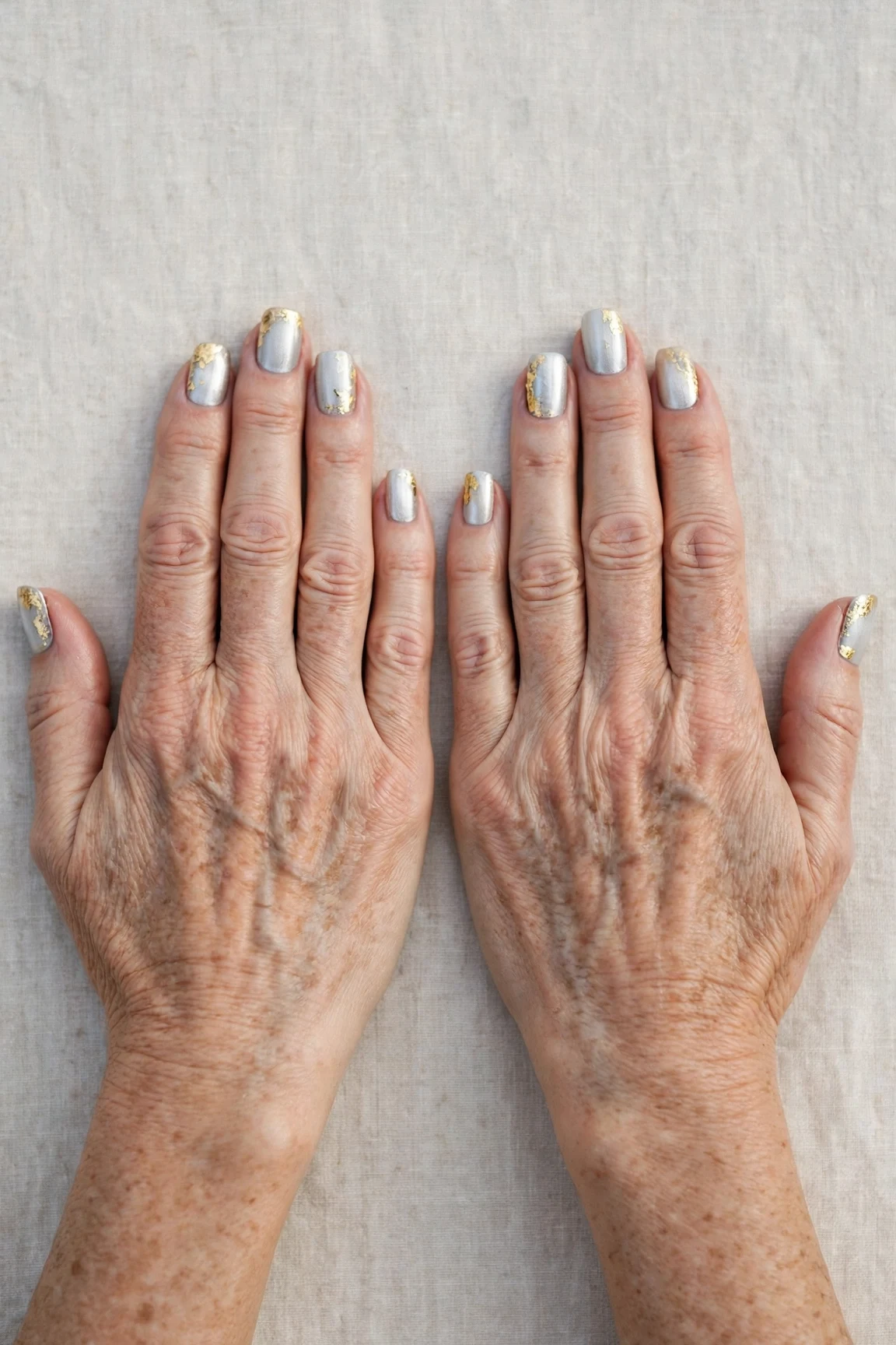 Squoval Icy Silver Frosted Chrome Nails with a creamy opaque finish and gold foil accents