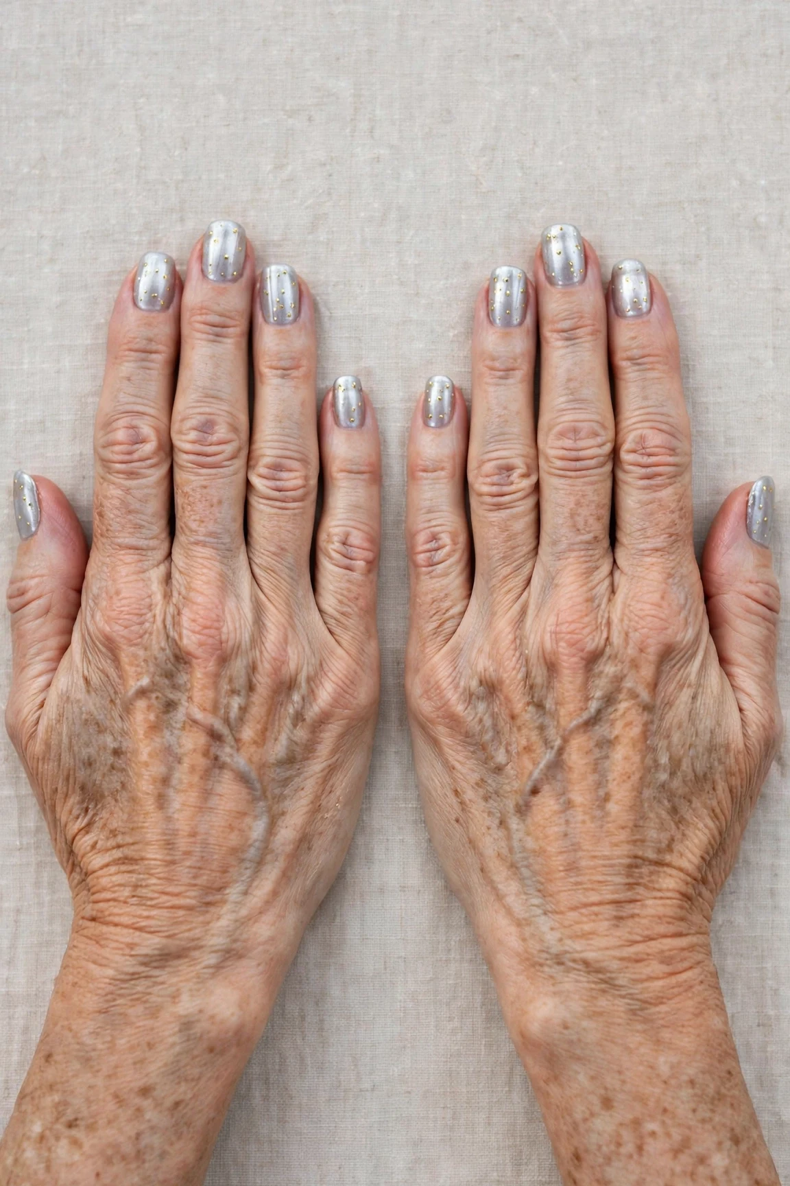 Squoval Icy Silver Frosted Chrome Nails with a sheer jelly finish and tiny gold dots