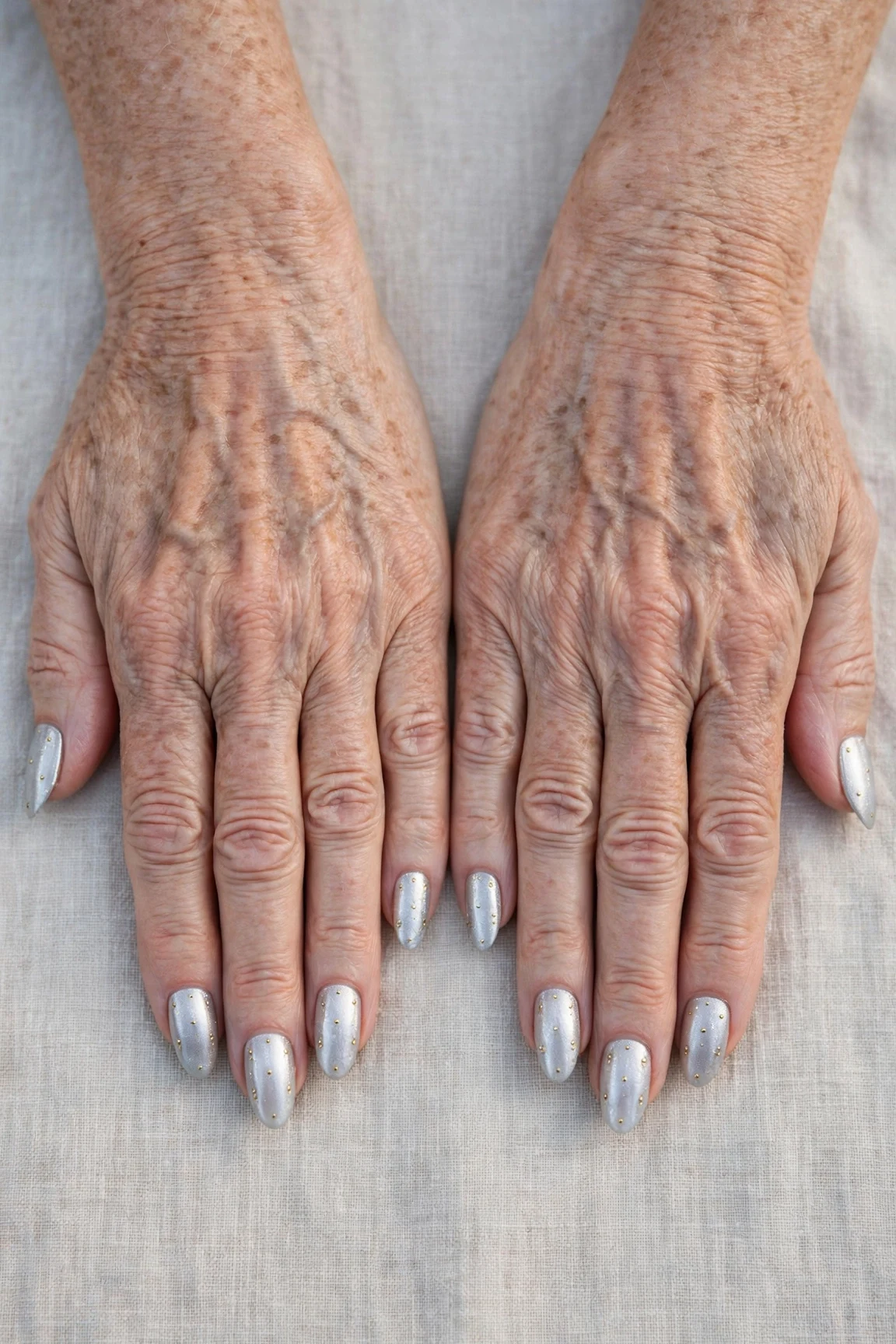 Almond Icy Silver Frosted Chrome Nails with a pearl shimmer finish and tiny gold dots
