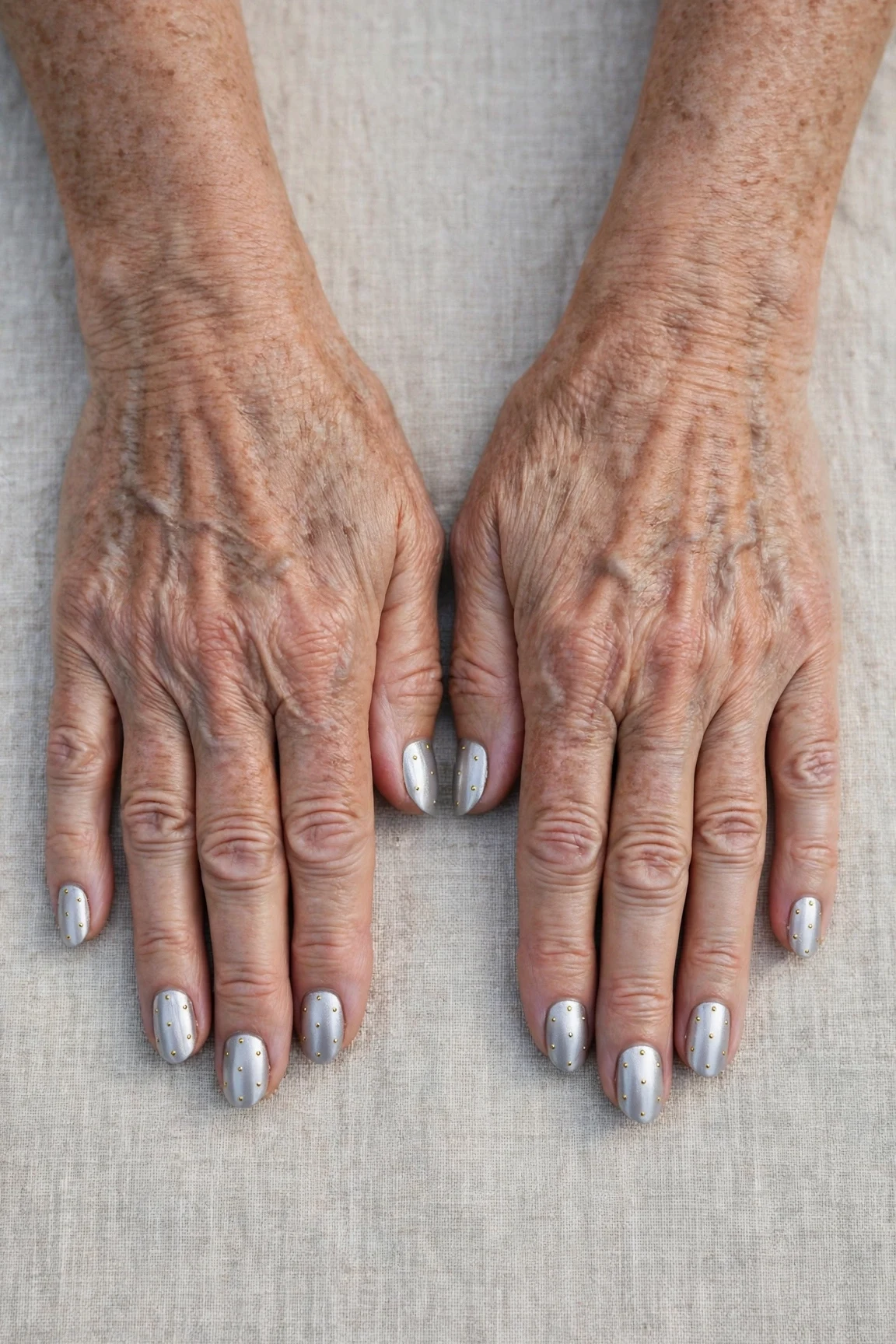 Oval Icy Silver Frosted Chrome Nails with a satin finish and tiny gold dots