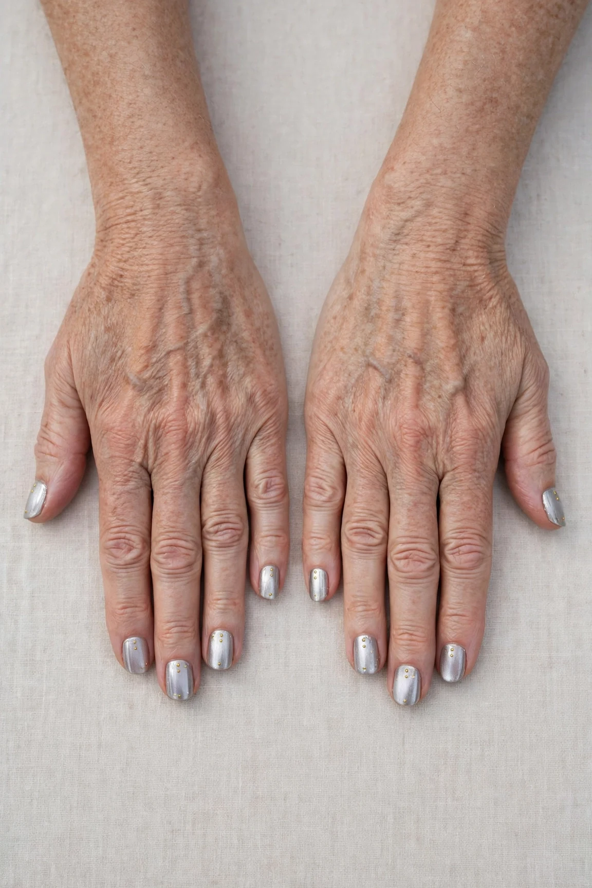 Short Square Icy Silver Frosted Chrome Nails with a glassy gel finish and tiny gold dots