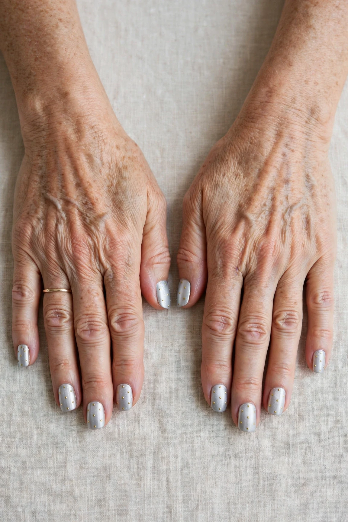 Squoval Icy Silver Frosted Chrome Nails with a creamy opaque finish and tiny gold dots