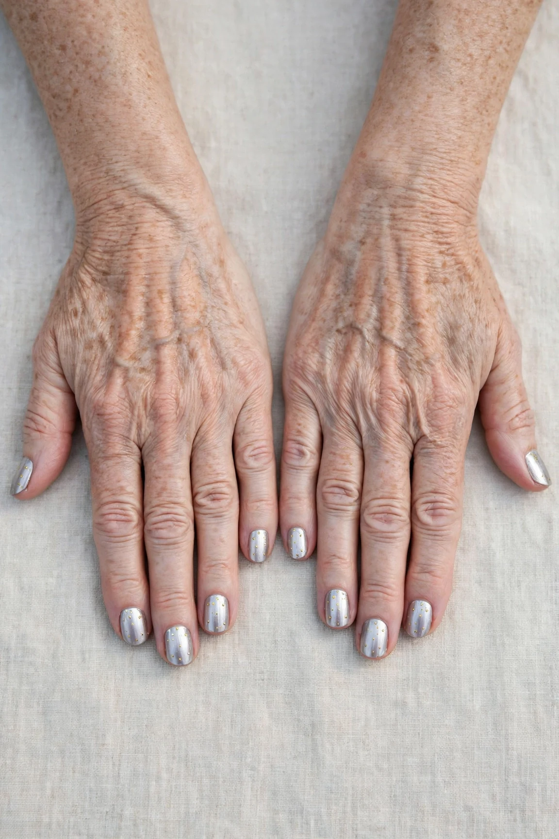 Short Round Icy Silver Frosted Chrome Nails with a deep glossy shine and tiny gold dots
