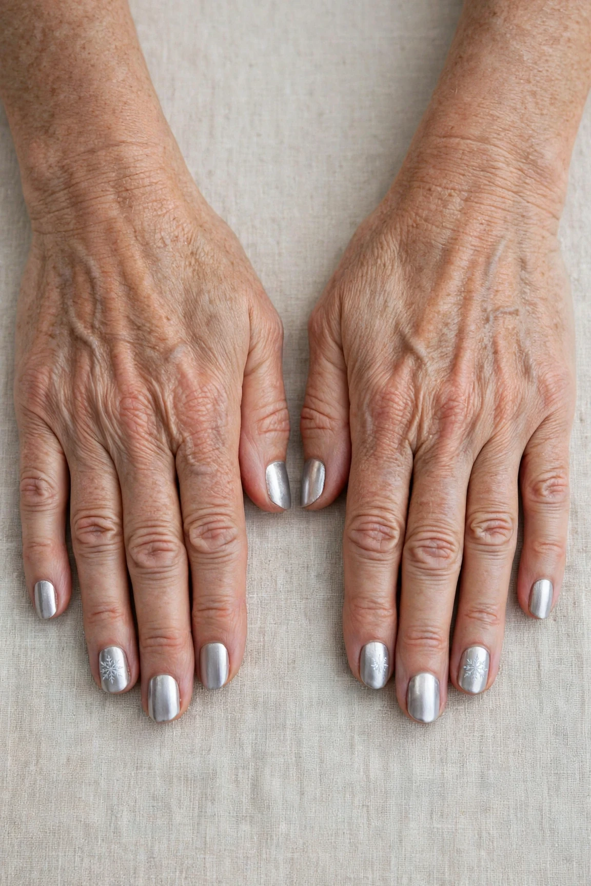 Short Oval Icy Silver Frosted Chrome Nails with a high-gloss finish and a delicate snowflake on the ring finger