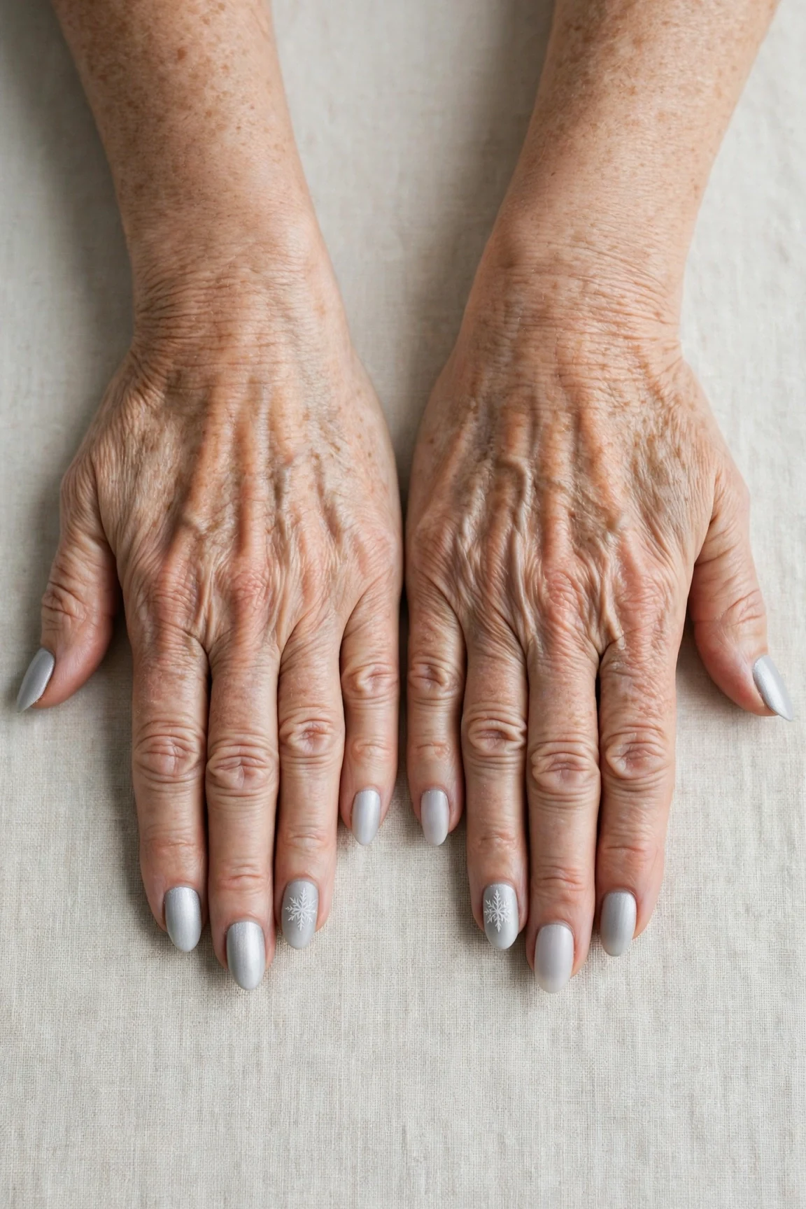 Almond Icy Silver Frosted Chrome Nails with a soft matte finish and a delicate snowflake on the ring finger