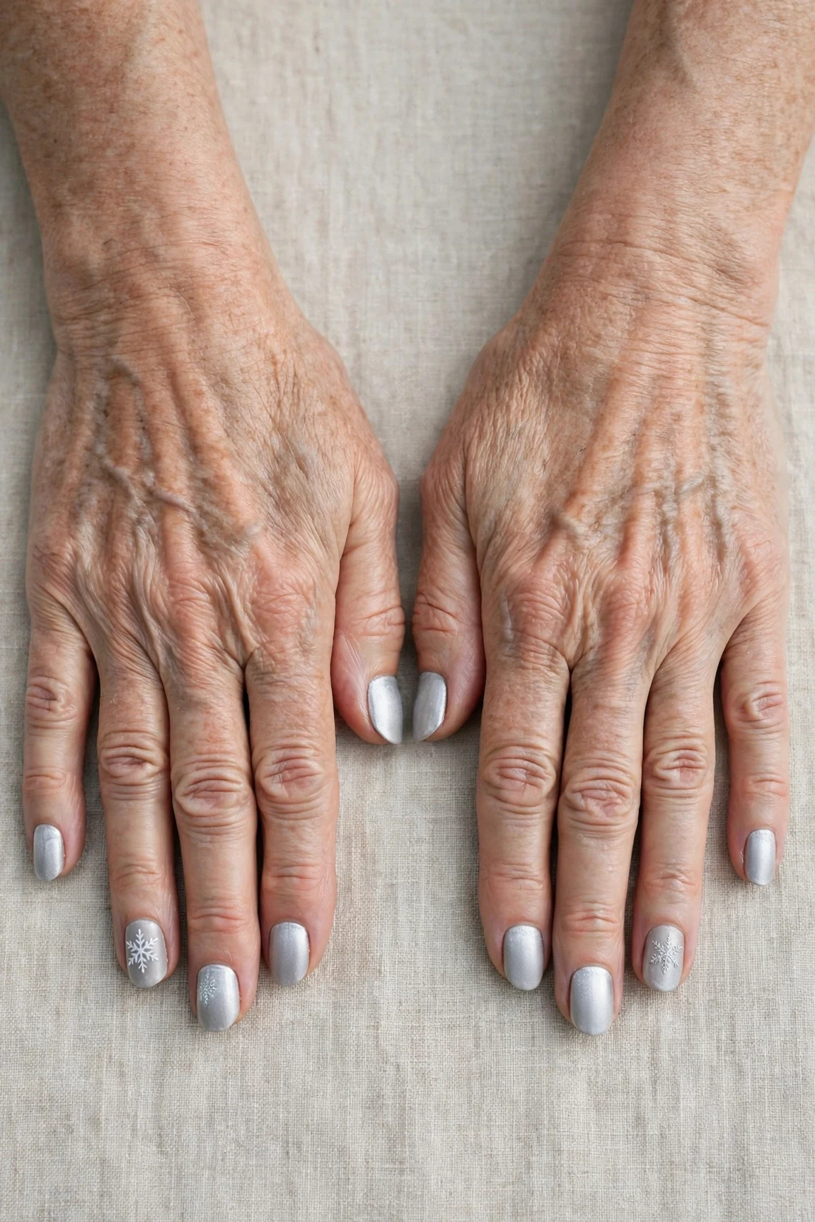 Oval Icy Silver Frosted Chrome Nails with a velvet matte finish and a delicate snowflake on the ring finger