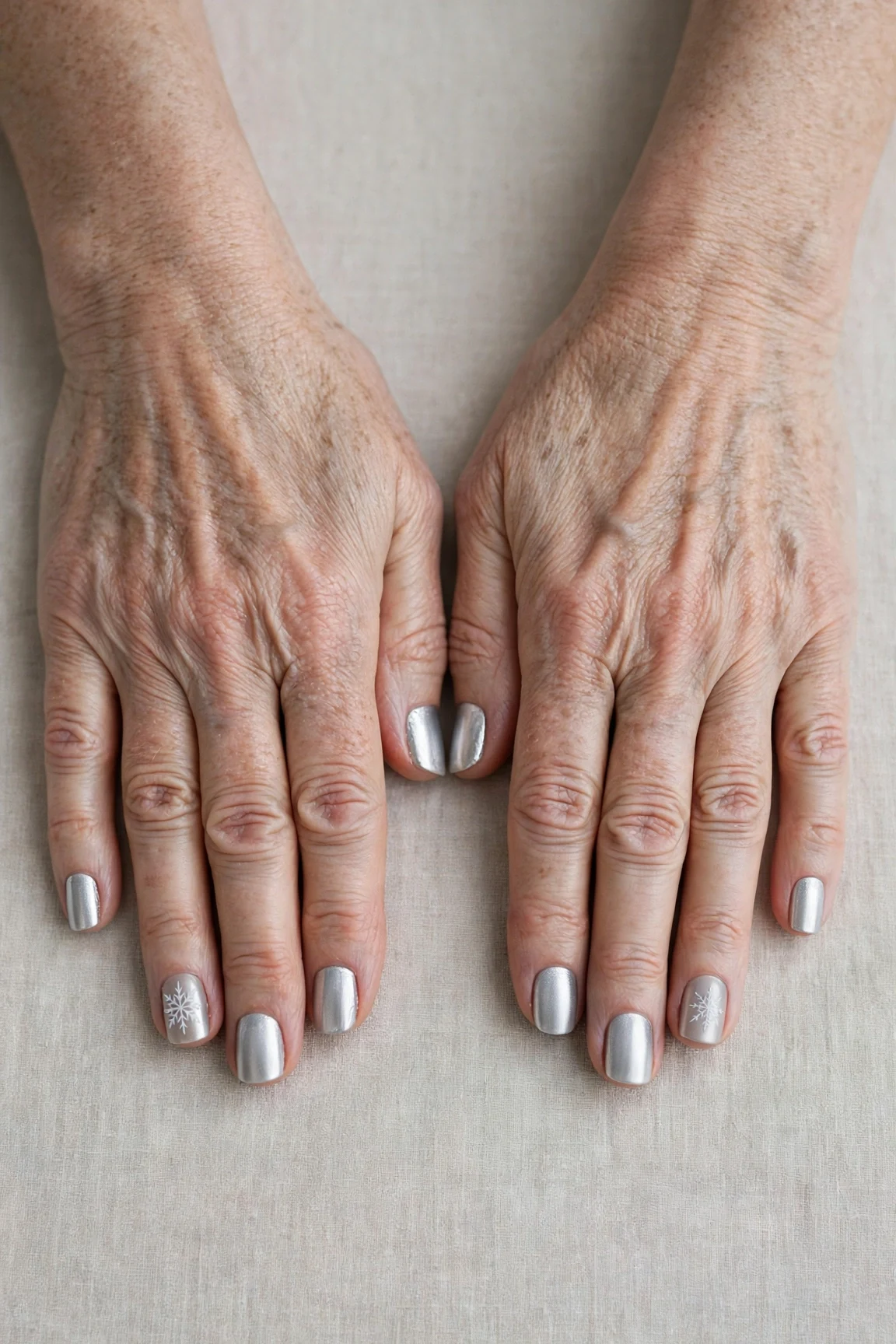 Short Square Icy Silver Frosted Chrome Nails with a chrome shine and a delicate snowflake on the ring finger