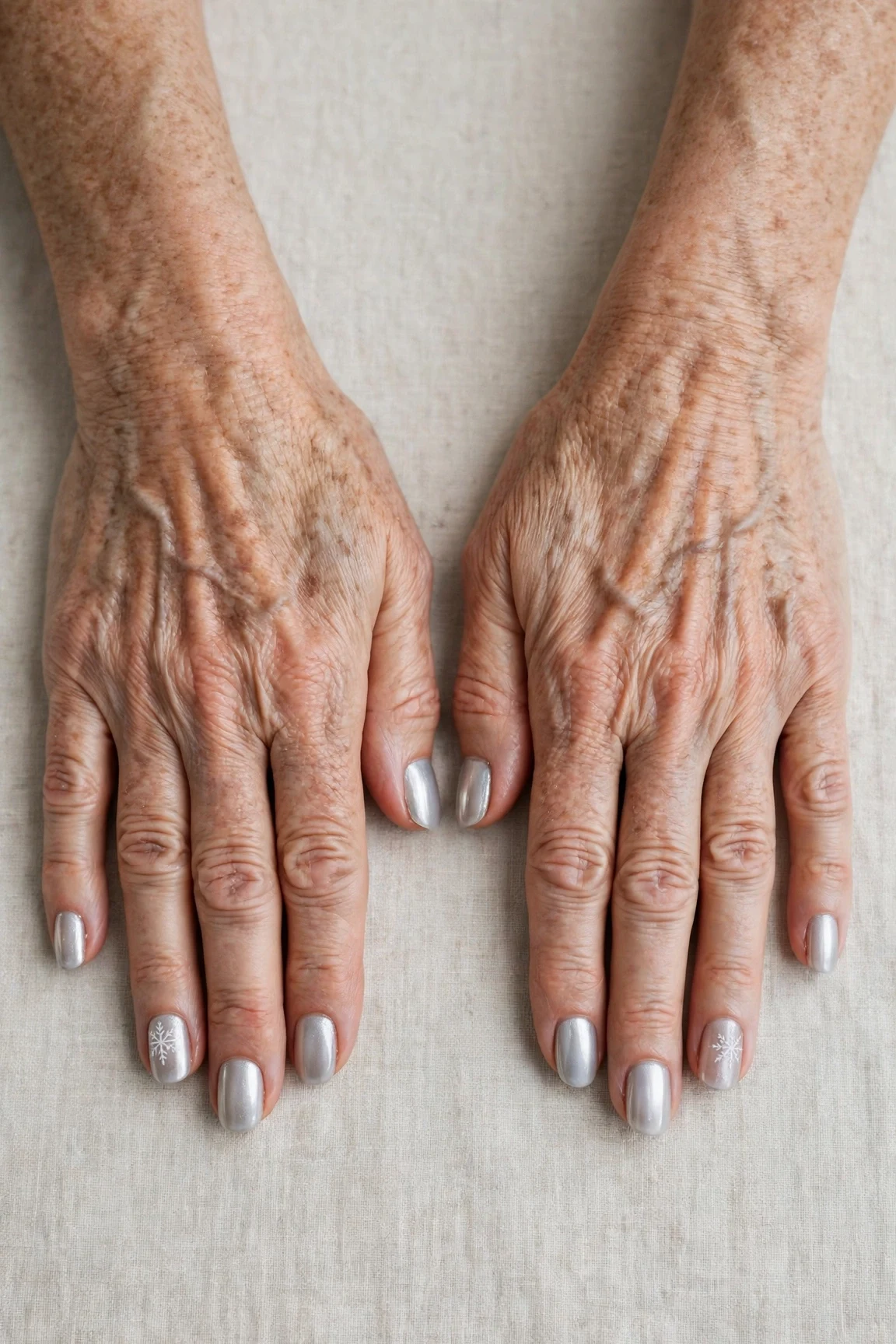 Squoval Icy Silver Frosted Chrome Nails with a sheer jelly finish and a delicate snowflake on the ring finger
