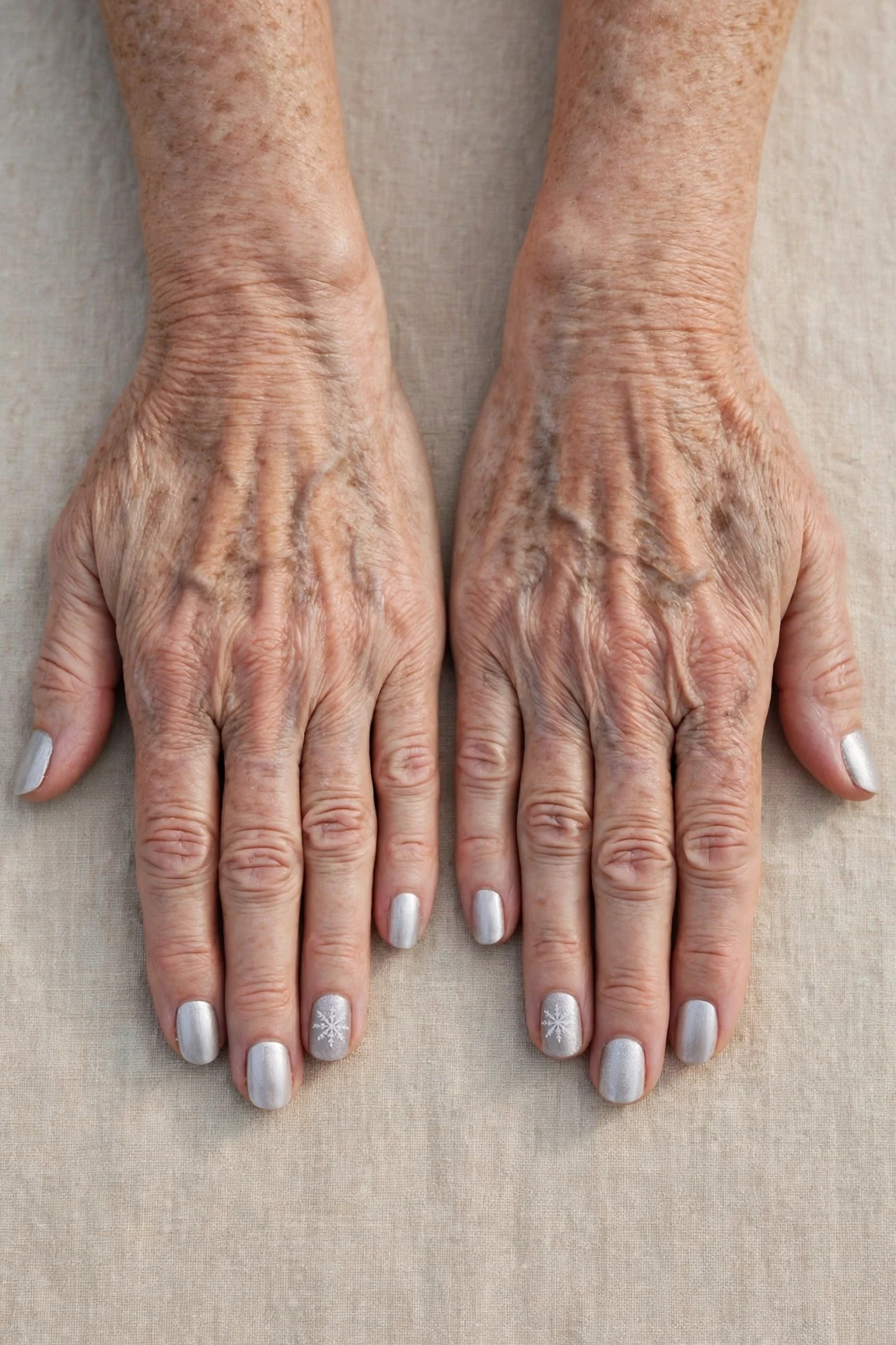 Short Round Icy Silver Frosted Chrome Nails with a frosted shimmer finish and a delicate snowflake on the ring finger