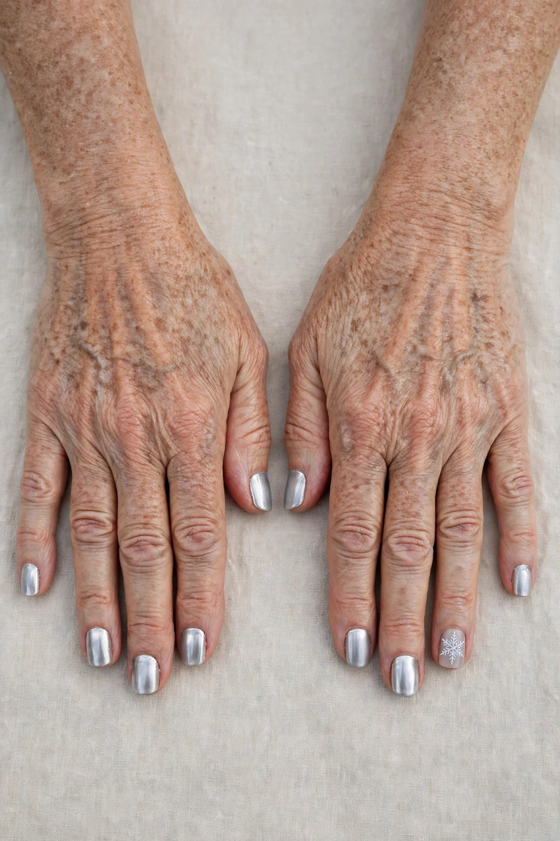 Short Square Icy Silver Frosted Chrome Nails with a glassy gel finish and a delicate snowflake on the ring finger