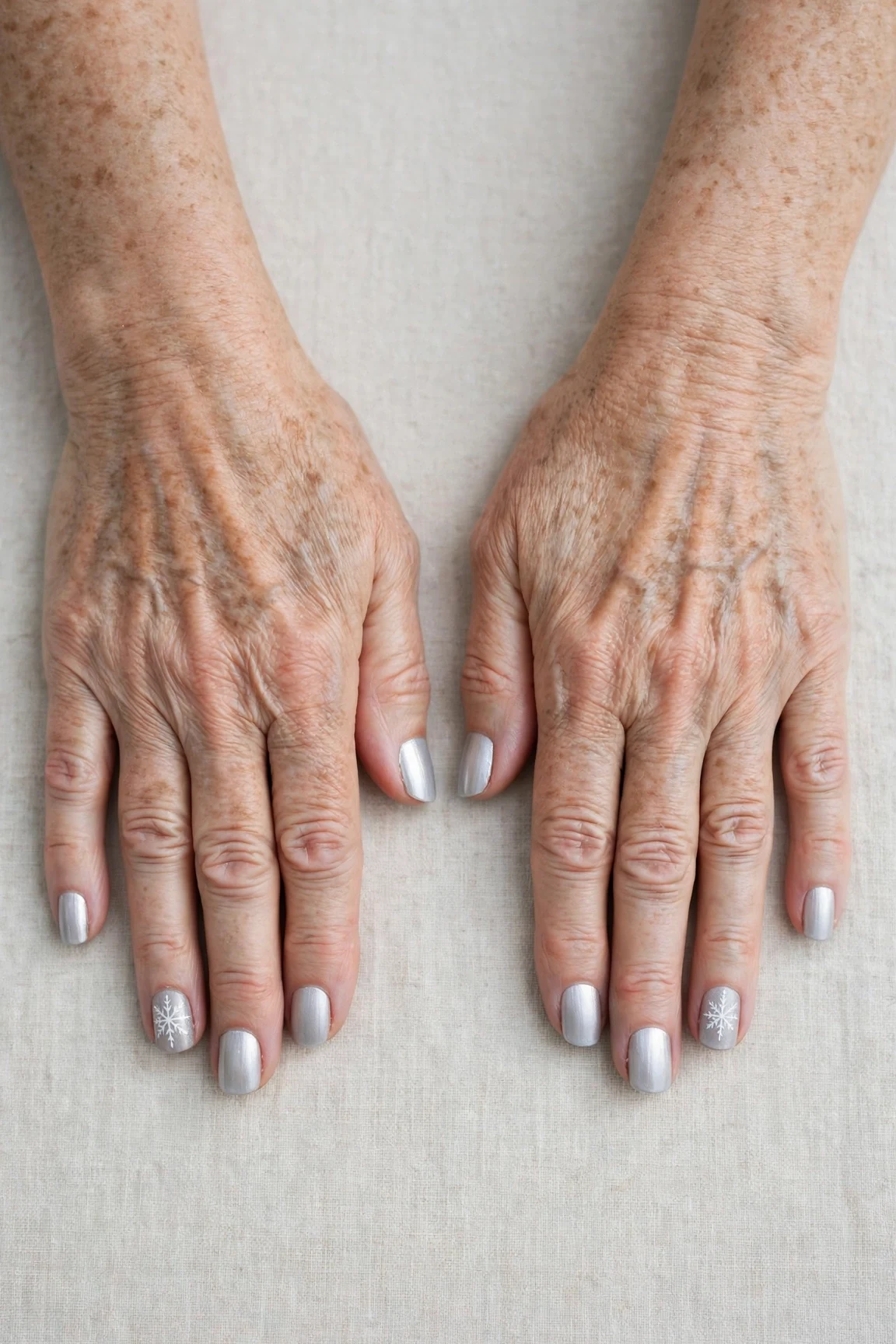 Squoval Icy Silver Frosted Chrome Nails with a creamy opaque finish and a delicate snowflake on the ring finger