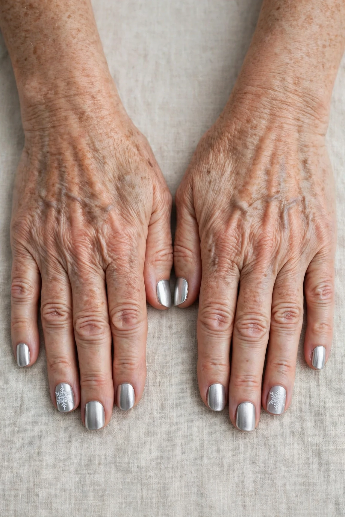 Short Round Icy Silver Frosted Chrome Nails with a deep glossy shine and a delicate snowflake on the ring finger