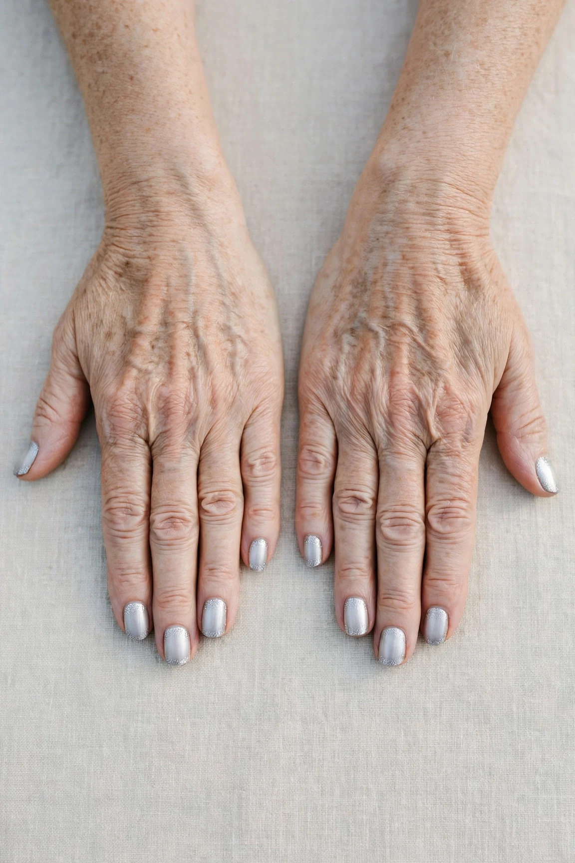 Short Oval Icy Silver Frosted Chrome Nails with a high-gloss finish and silver shimmer tips