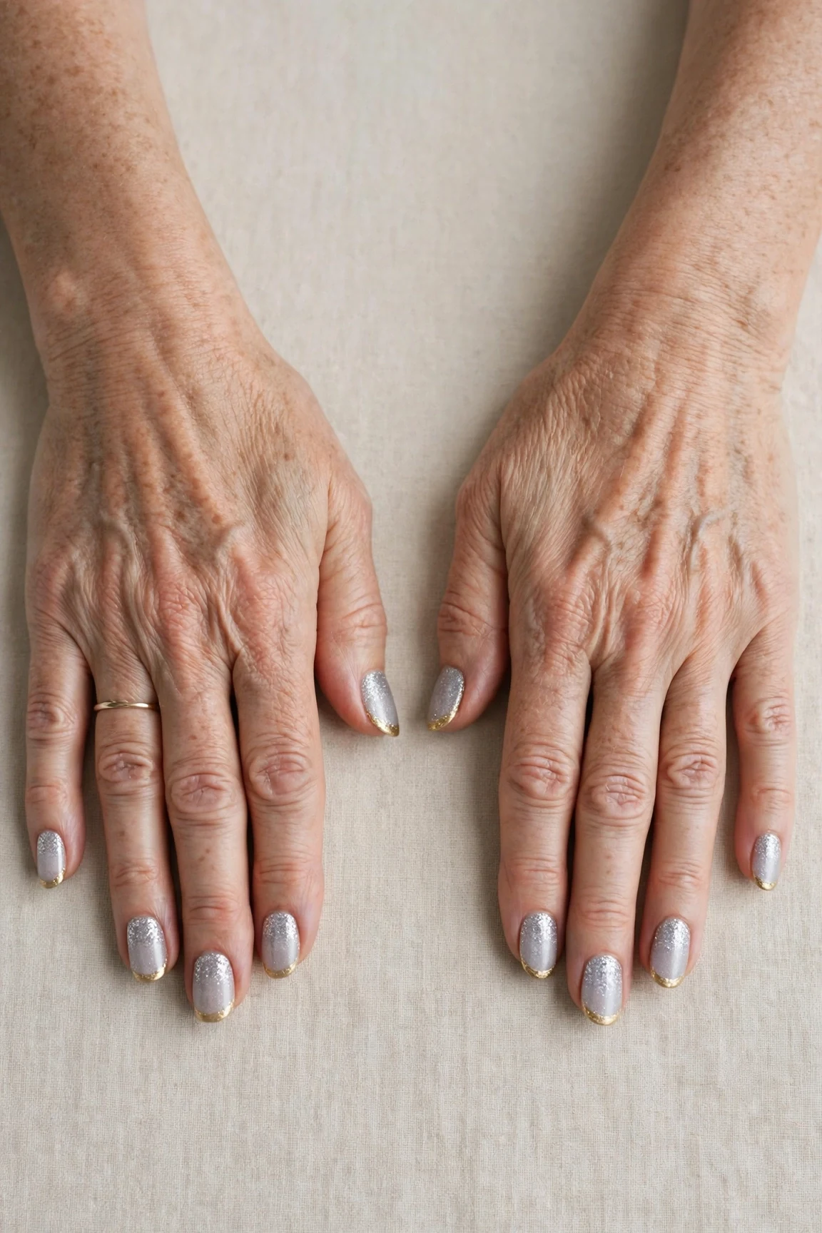 50 Icy Silver Frosted French Nails For Women Over 60 For New Year Celebrations That Are Chic, Warm and Elegant 20 Icy Silver Frosted French Nails with a glitter gradient finish and gold French tips