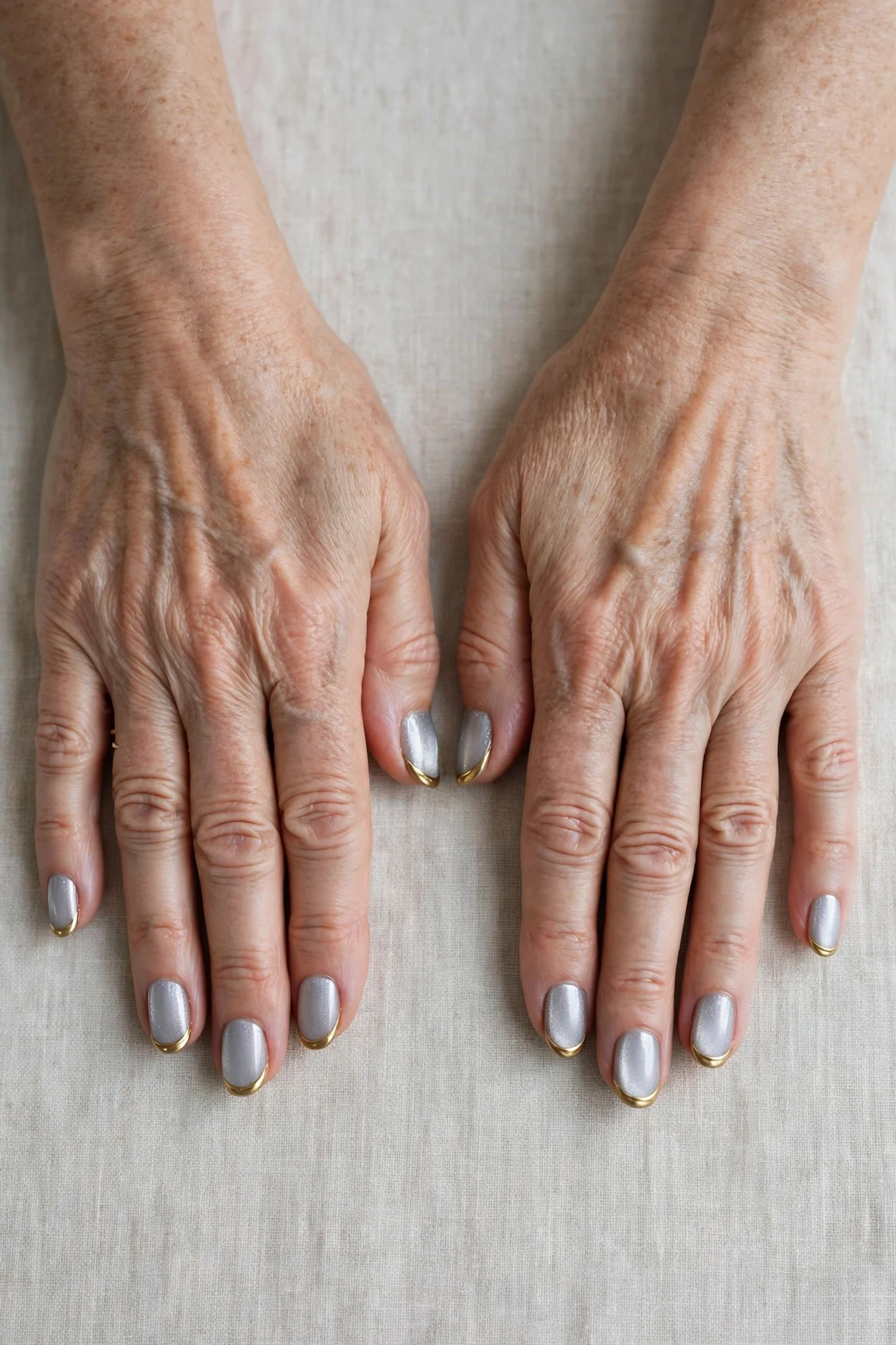 50 Icy Silver Frosted French Nails For Women Over 60 For New Year Celebrations That Are Chic, Warm and Elegant 25 Icy Silver Frosted French Nails with a deep glossy shine and gold French tips