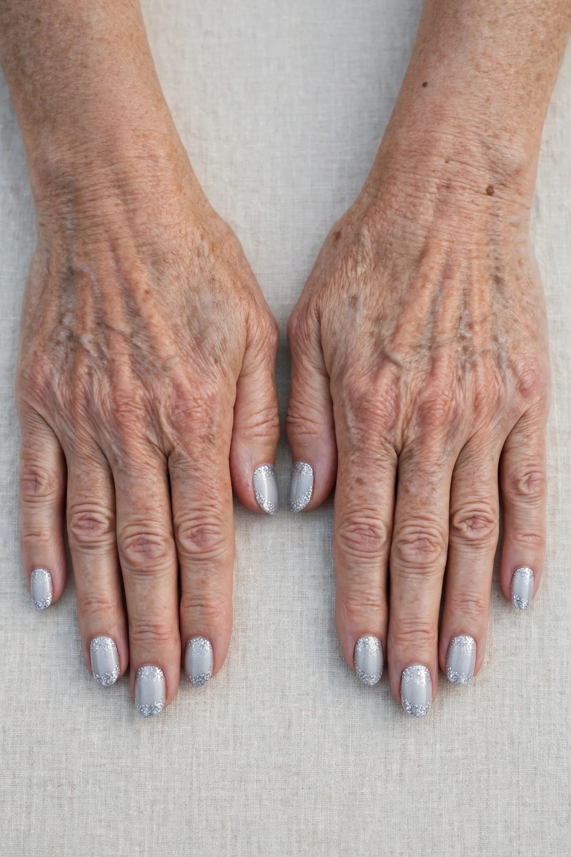 50 Icy Silver Frosted French Nails For Women Over 60 For New Year Celebrations That Are Chic, Warm and Elegant 32 Icy Silver Frosted French Nails with a glitter gradient finish and glitter French tips