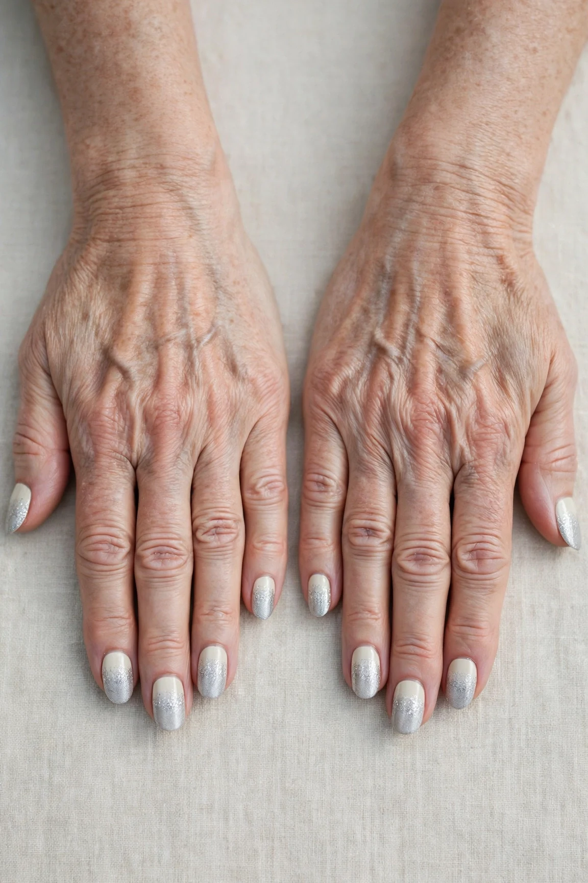 50 Icy Silver Frosted French Nails For Women Over 60 For New Year Celebrations That Are Chic, Warm and Elegant 44 Icy Silver Frosted French Nails with a glitter gradient finish and reverse French tips in cream