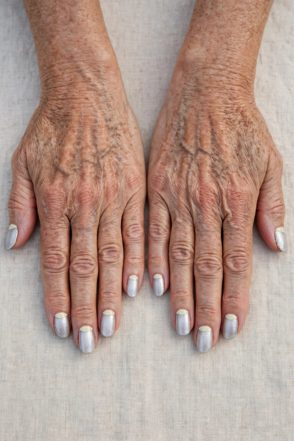 50 Icy Silver Frosted French Nails For Women Over 60 For New Year Celebrations That Are Chic, Warm and Elegant 45 Icy Silver Frosted French Nails with a pearl shimmer finish and reverse French tips in cream