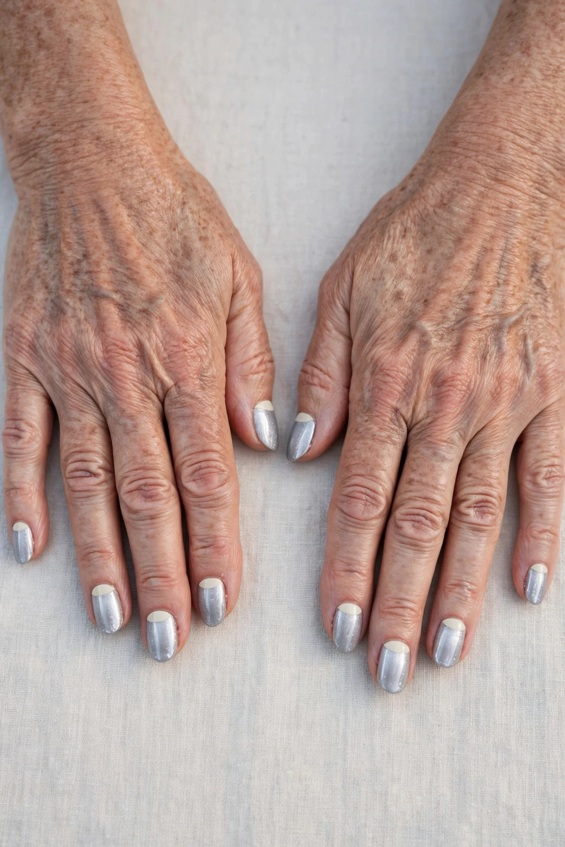 50 Icy Silver Frosted French Nails For Women Over 60 For New Year Celebrations That Are Chic, Warm and Elegant 49 Icy Silver Frosted French Nails with a deep glossy shine and reverse French tips in cream