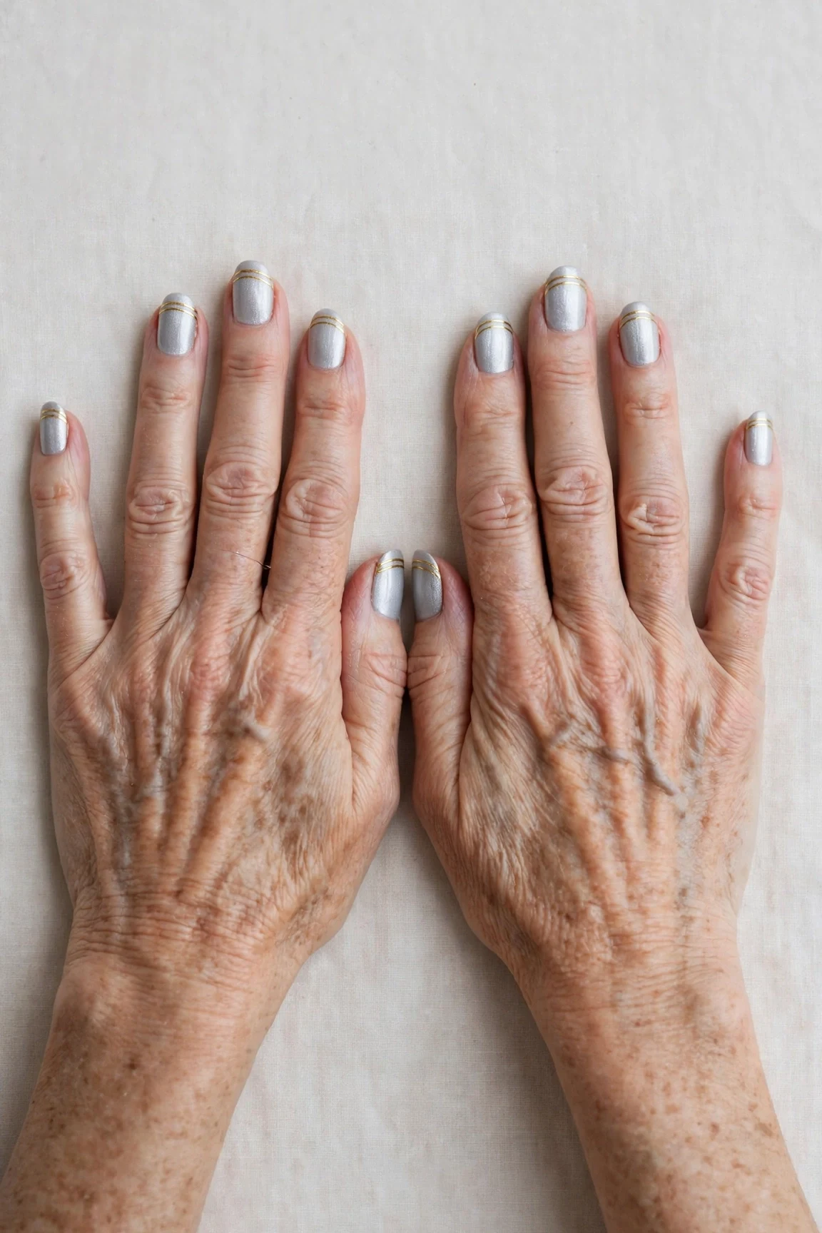 50 Icy Silver Frosted French Nails For Women Over 60 For New Year Celebrations That Are Chic, Warm and Elegant 50 Icy Silver Frosted French Nails with a high-gloss finish and double French lines in gold