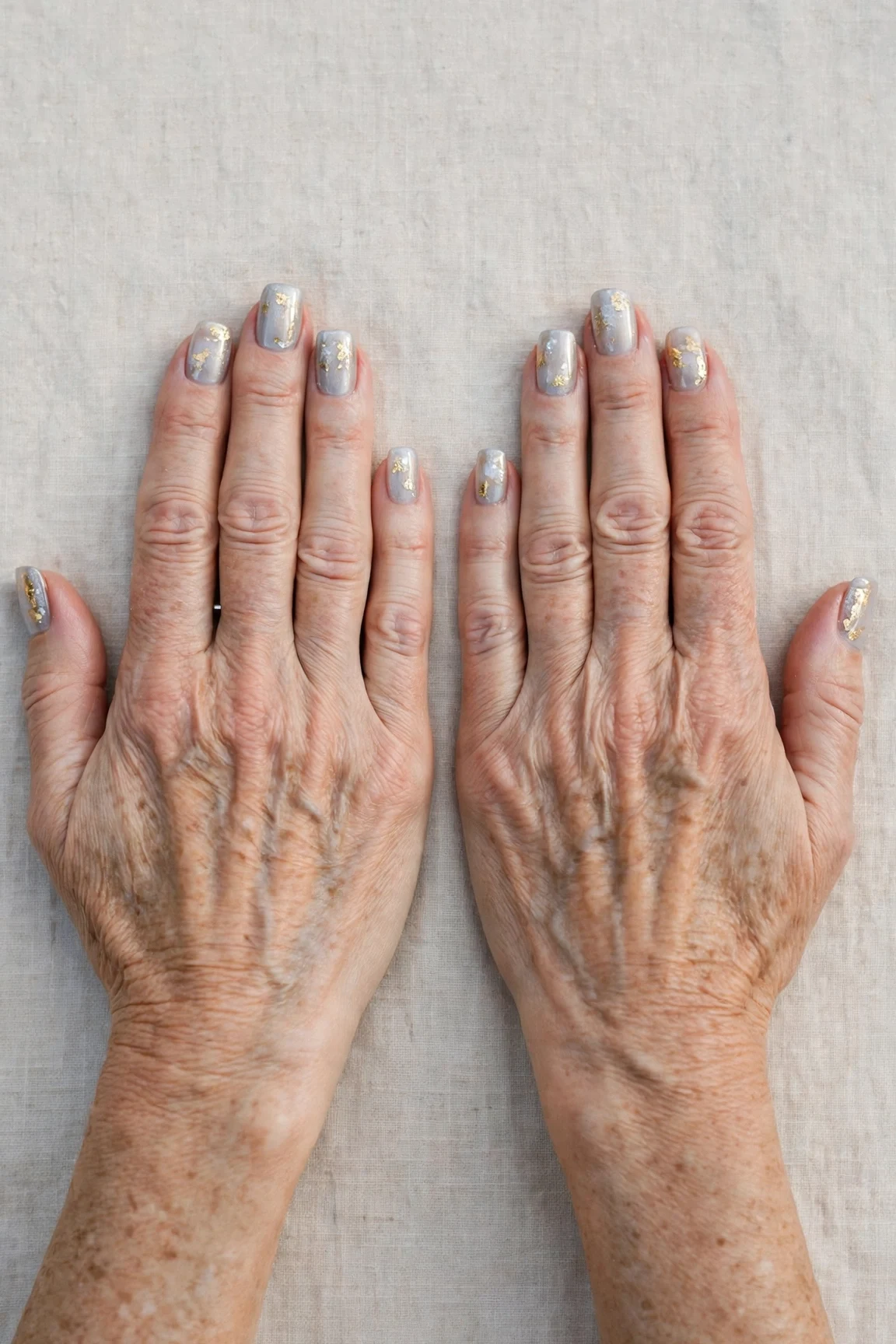 20 Icy Silver Frosted Nail Designs For Women Over 60 For Winter Weddings That Are Chic, Warm and Elegant 6 Squoval Icy Silver Frosted Nail Designs with a sheer jelly finish and gold foil accents