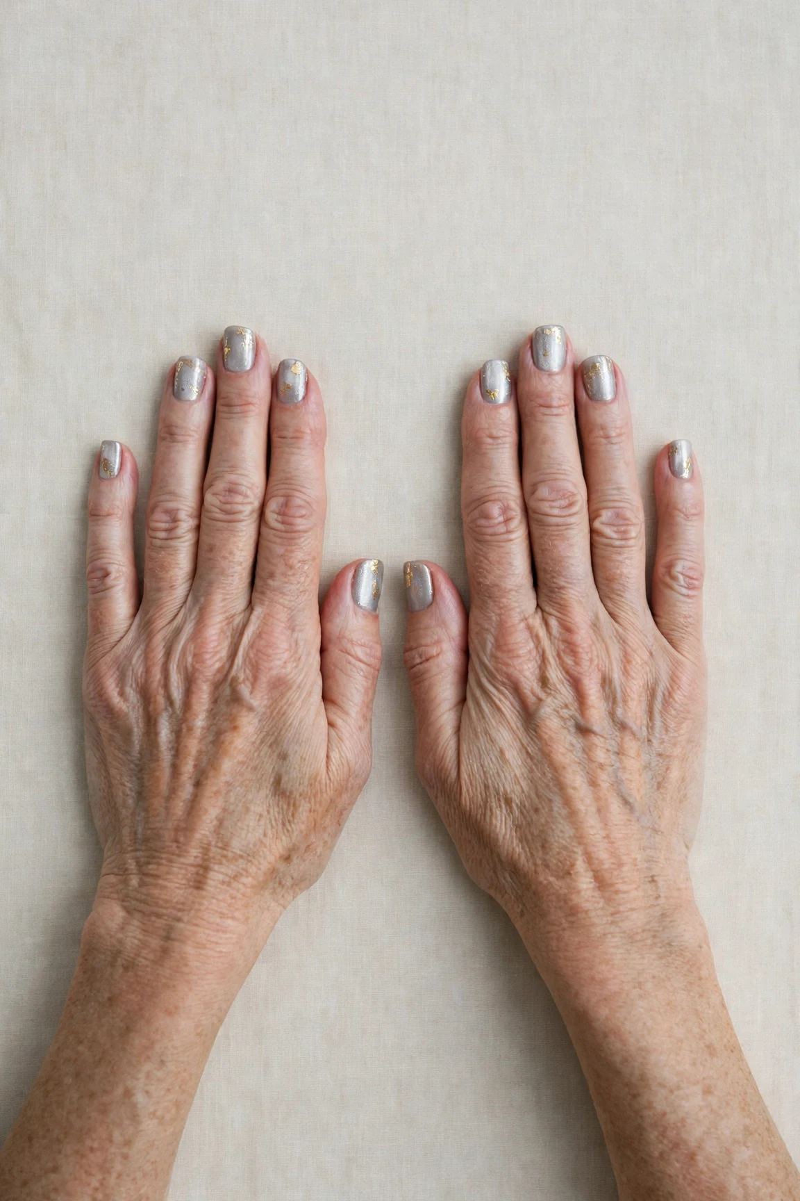 20 Icy Silver Frosted Nail Designs For Women Over 60 For Winter Weddings That Are Chic, Warm and Elegant 11 Short Square Icy Silver Frosted Nail Designs with a glassy gel finish and gold foil accents
