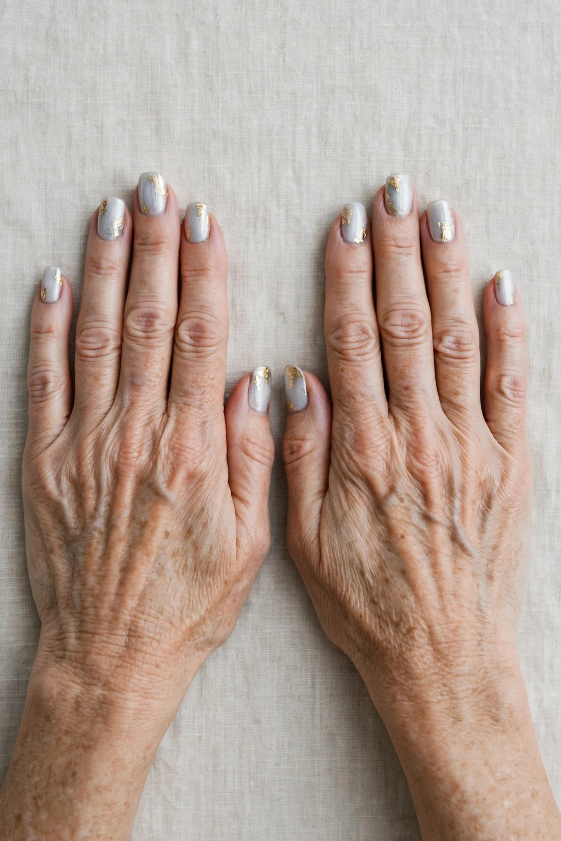 20 Icy Silver Frosted Nail Designs For Women Over 60 For Winter Weddings That Are Chic, Warm and Elegant 12 Squoval Icy Silver Frosted Nail Designs with a creamy opaque finish and gold foil accents