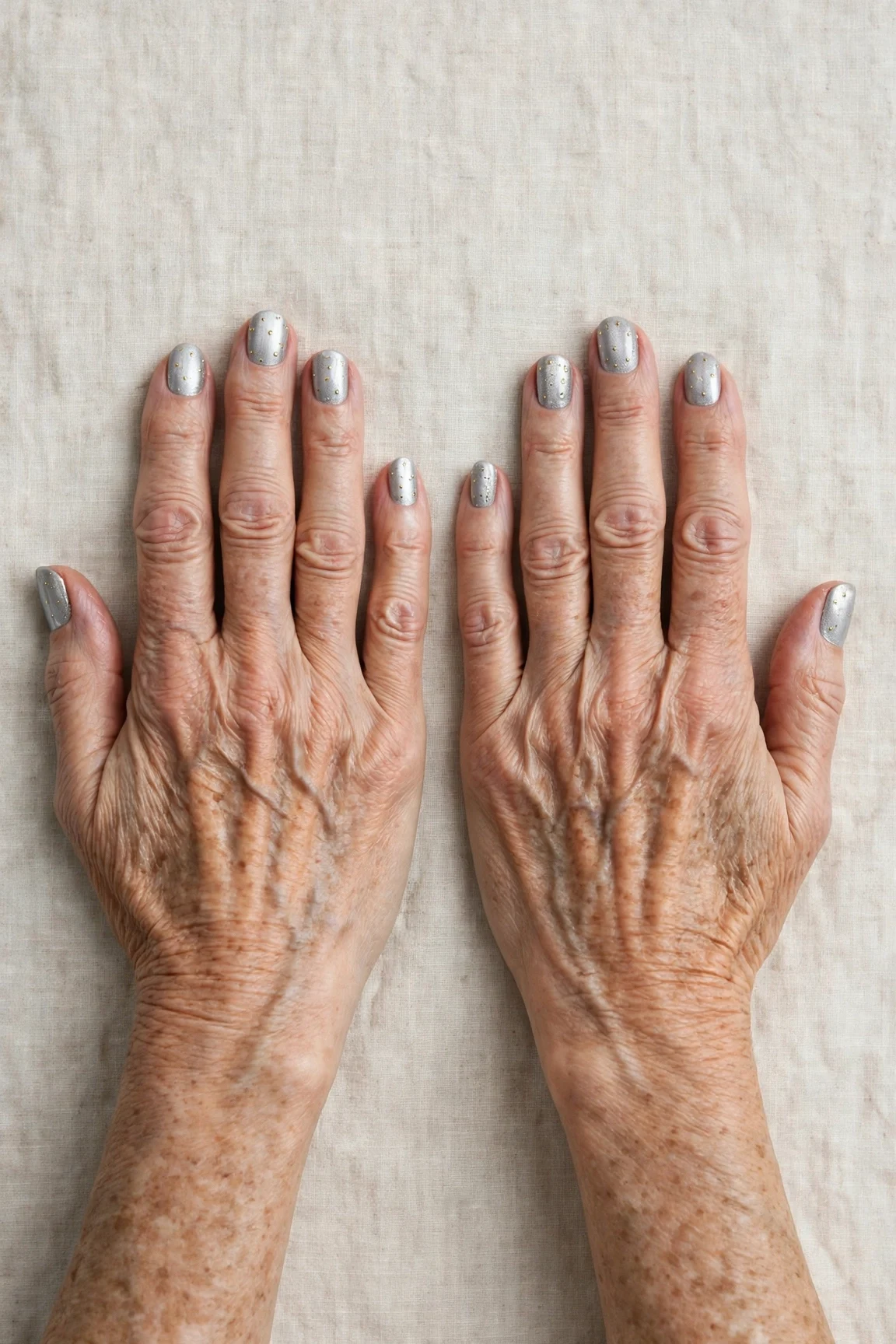 20 Icy Silver Frosted Nail Designs For Women Over 60 For Winter Weddings That Are Chic, Warm and Elegant 14 Short Oval Icy Silver Frosted Nail Designs with a high-gloss finish and tiny gold dots