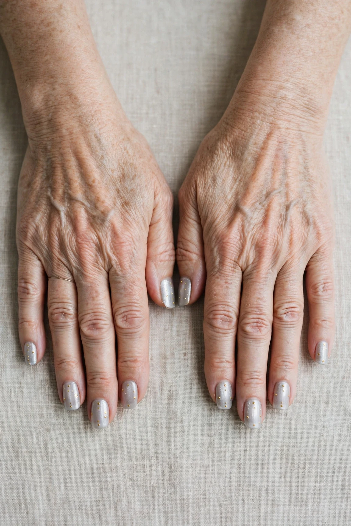 20 Icy Silver Frosted Nail Designs For Women Over 60 For Winter Weddings That Are Chic, Warm and Elegant 18 Squoval Icy Silver Frosted Nail Designs with a sheer jelly finish and tiny gold dots